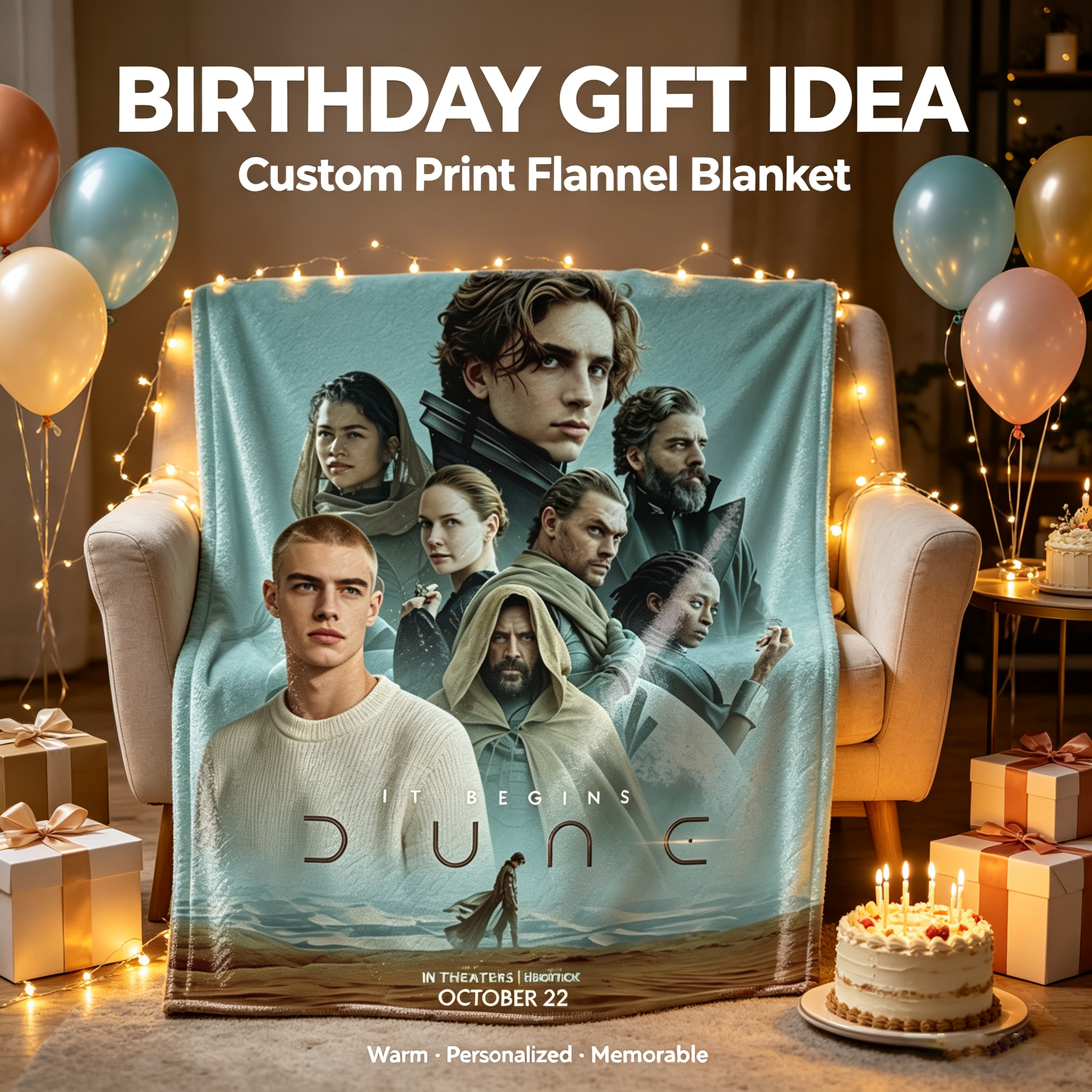 Custom Face Blanket Dune Movie Characters Flannel Blanket Perfect for Fans of Sci-Fi Films Ideal Gift or Giveaway for Movie Enthusiasts