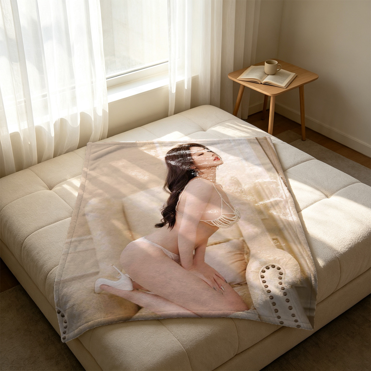 Mio Imada in black lace lingerie lying on bed. - Blanket