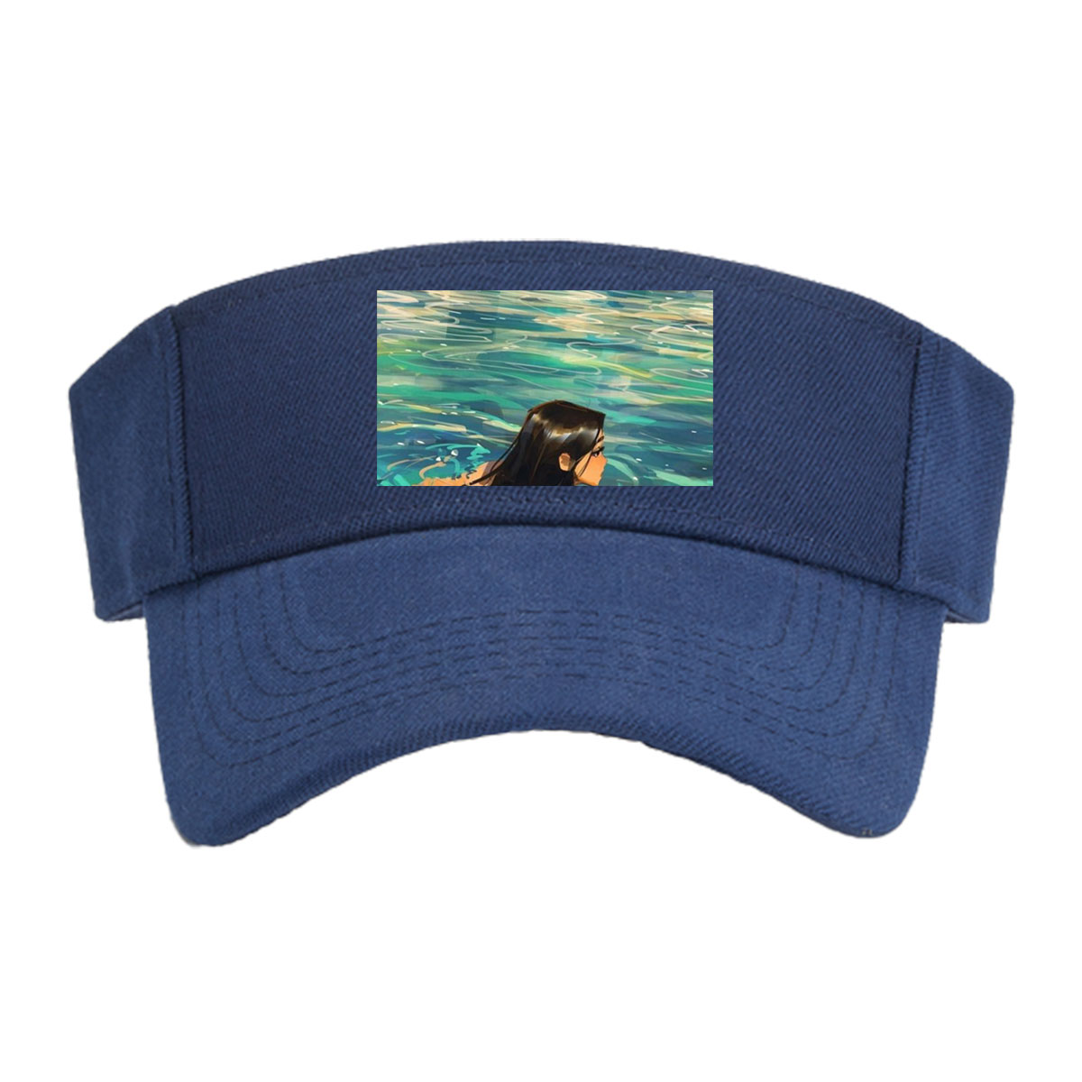 Woman swimming in clear blue water near rocky shore -  Visor cap