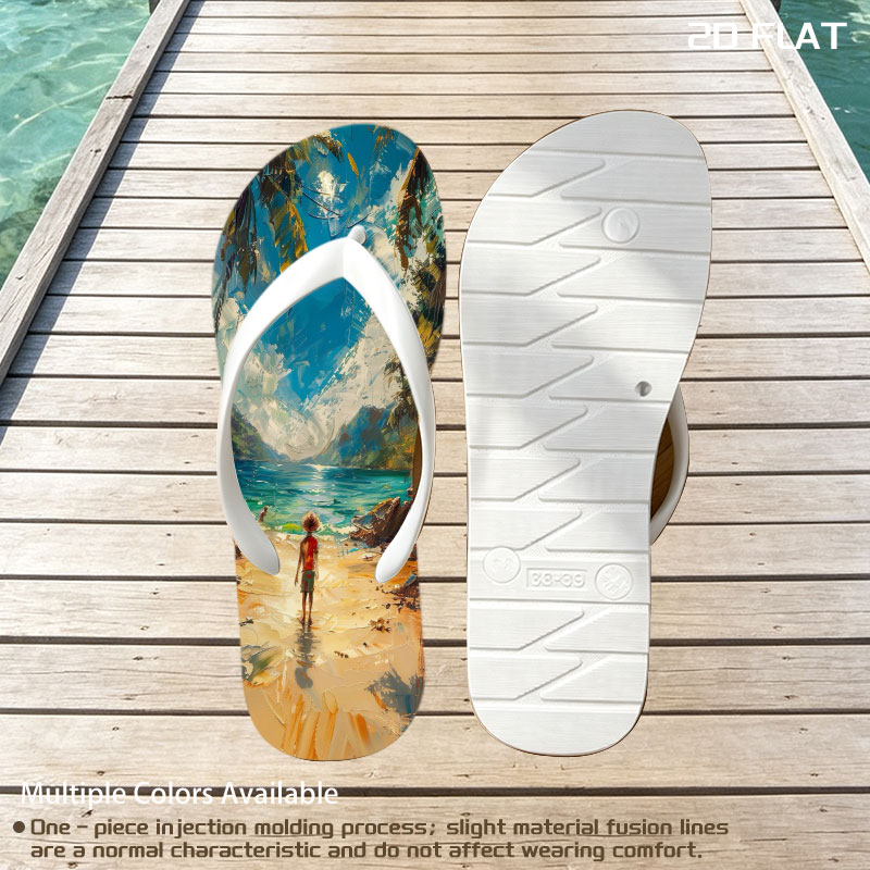 A woman walks on a tropical beach, framed by palm trees and turquoise waters under a vibrant sky. -  flip-flops