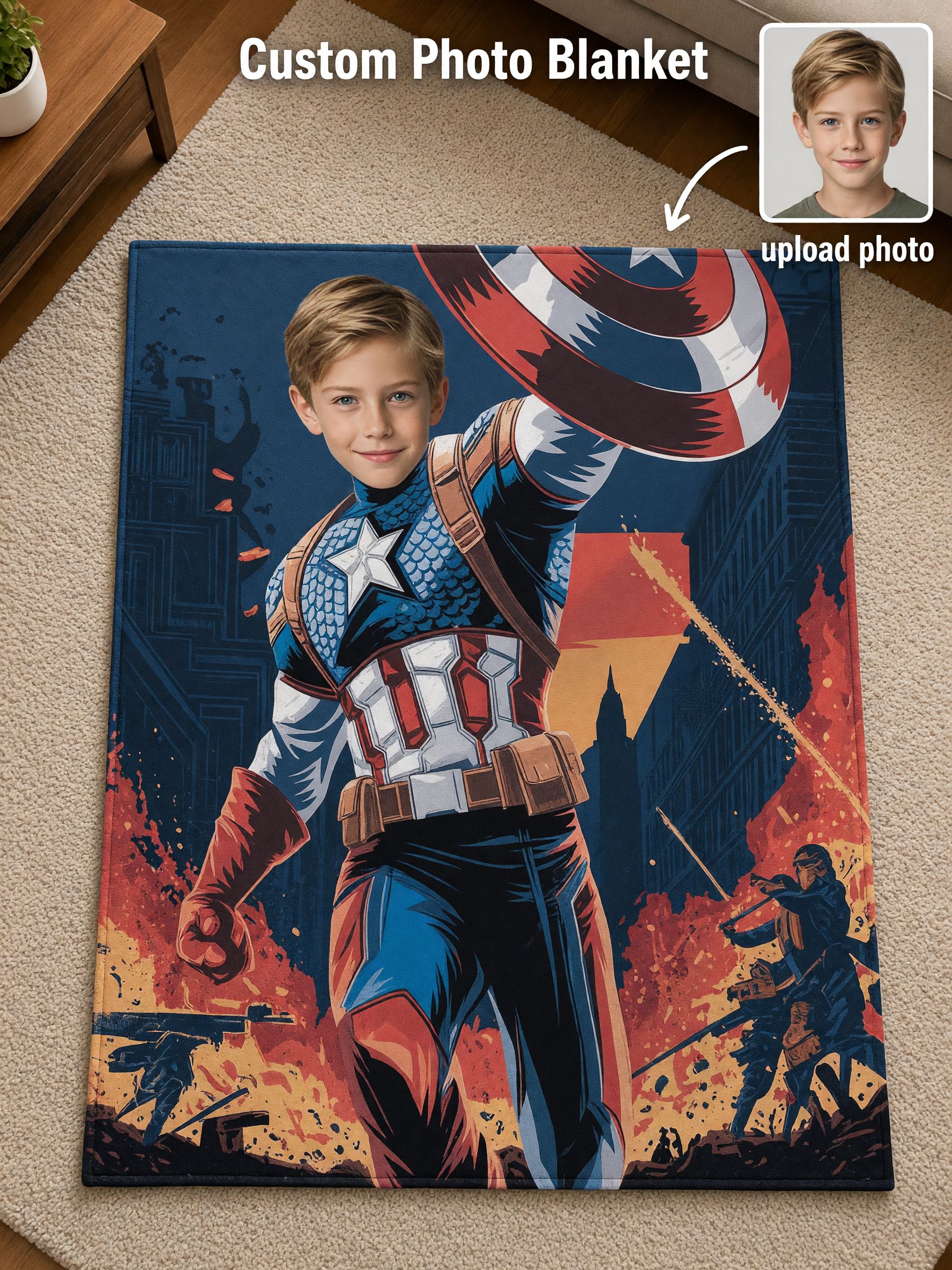 Custom Photo Face Superhero Fleece Blanket Personalized Flannel Throw for Kids Bed Couch Cozy Gift