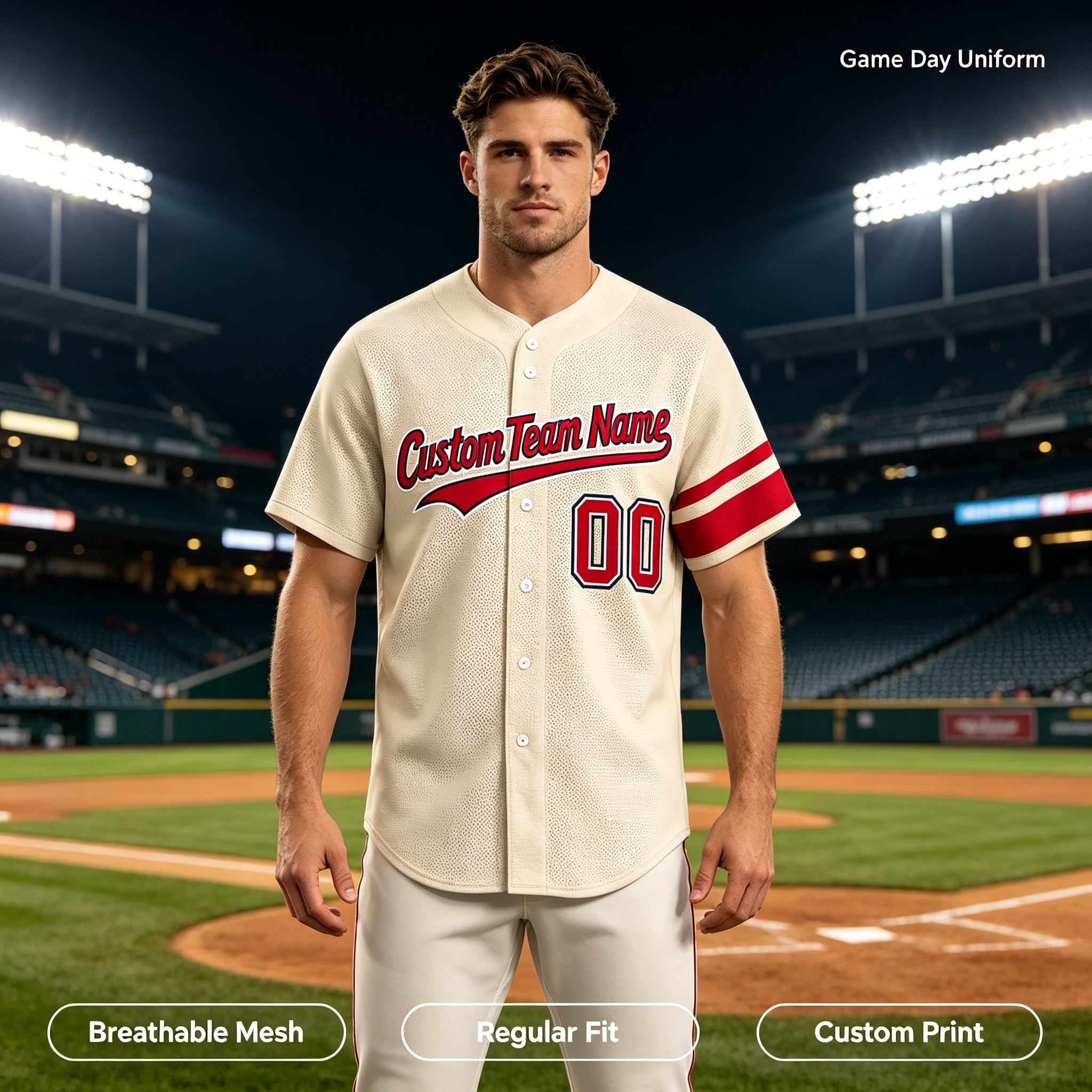 Custom Printed California Retro Beach Style Baseball Jersey Cream Off White Red Button Down Shirt for Men and Women