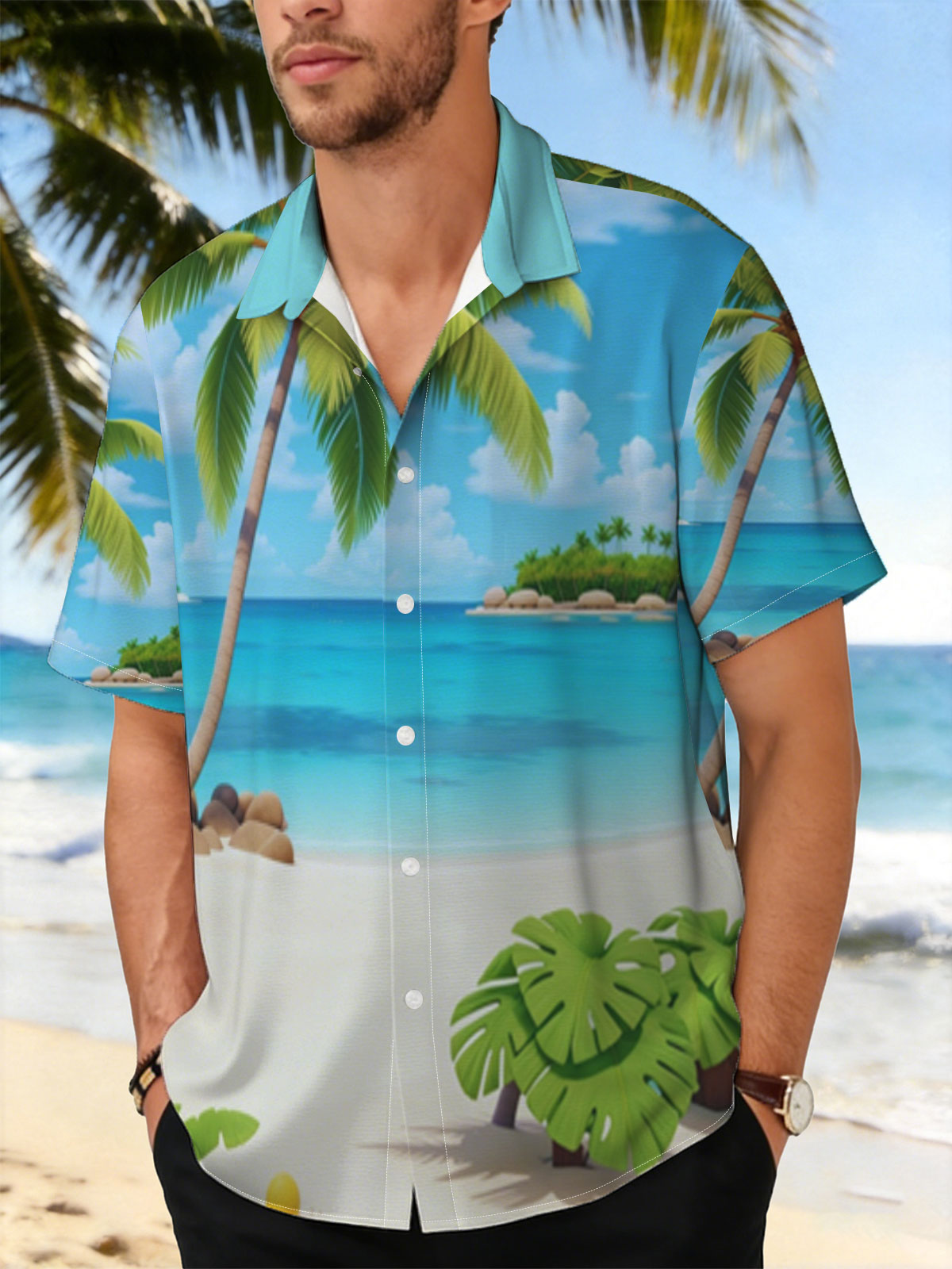 Tropical Beach with Palm Tree and Clear Blue Water -  Shirt