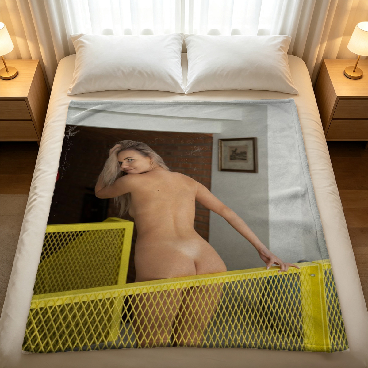 Nude Emma Stone lying on a blanket at dusk by the sea. - Blanket