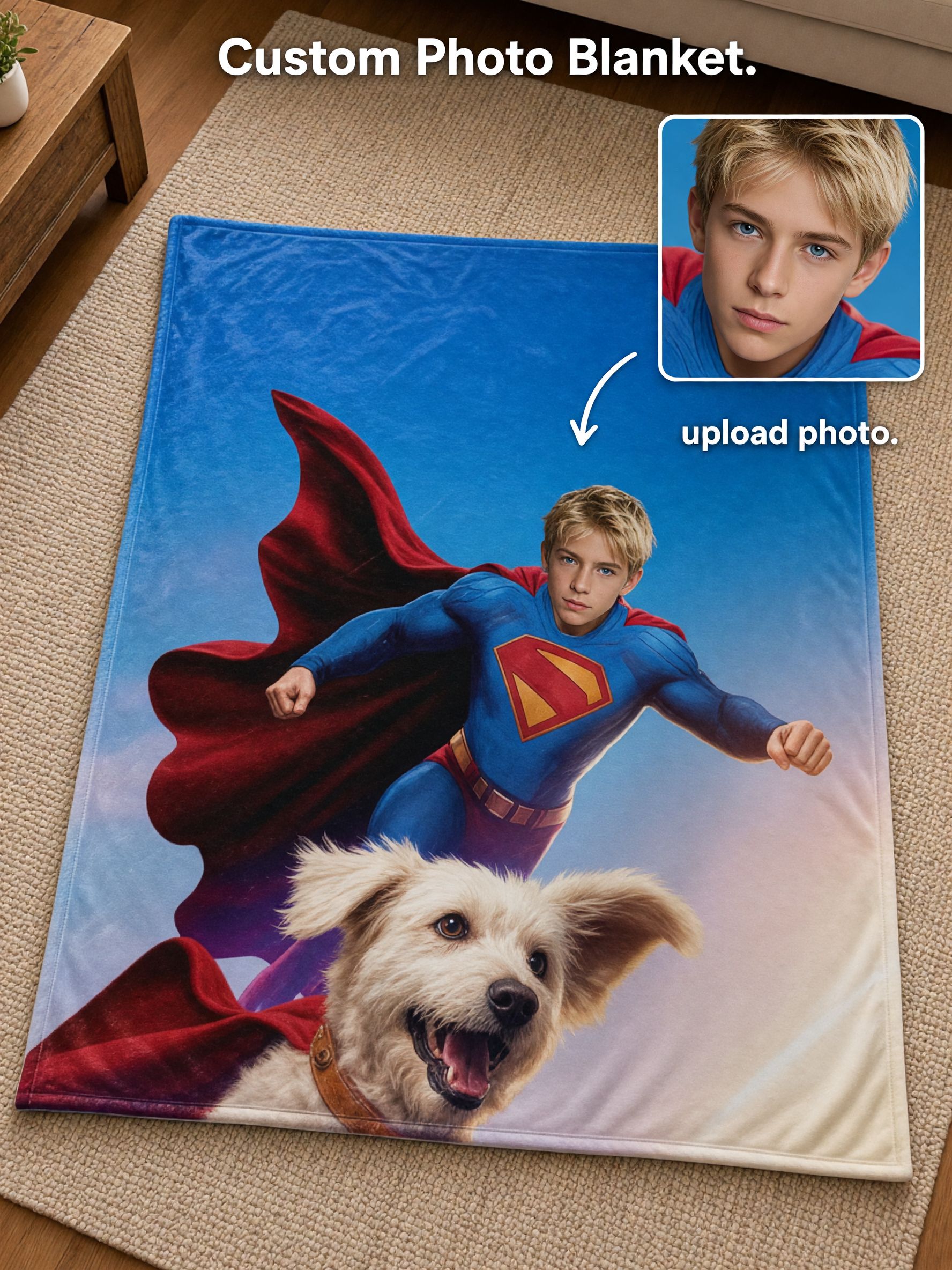 Personalized Superhero Face Photo Blanket Soft Flannel Fleece Throw with Flying Pet Cape Design Ideal Cozy Gift