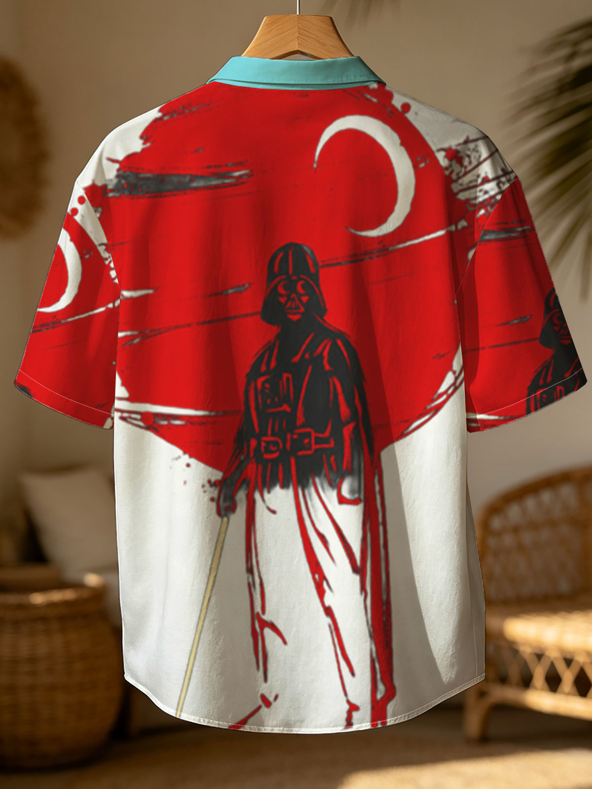 Darth Vader stands before a red sun, wielding a lightsaber in a dramatic silhouette. -  Shirt