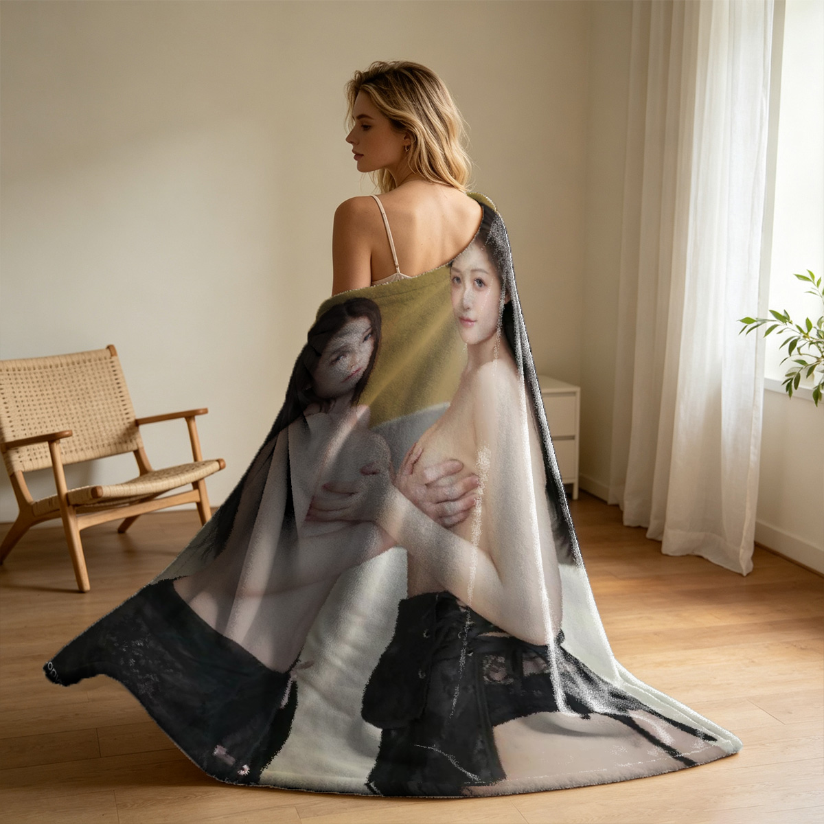 Two Lesbians Sucking a Celebrity's Cock While She Watches in Shock - Blanket