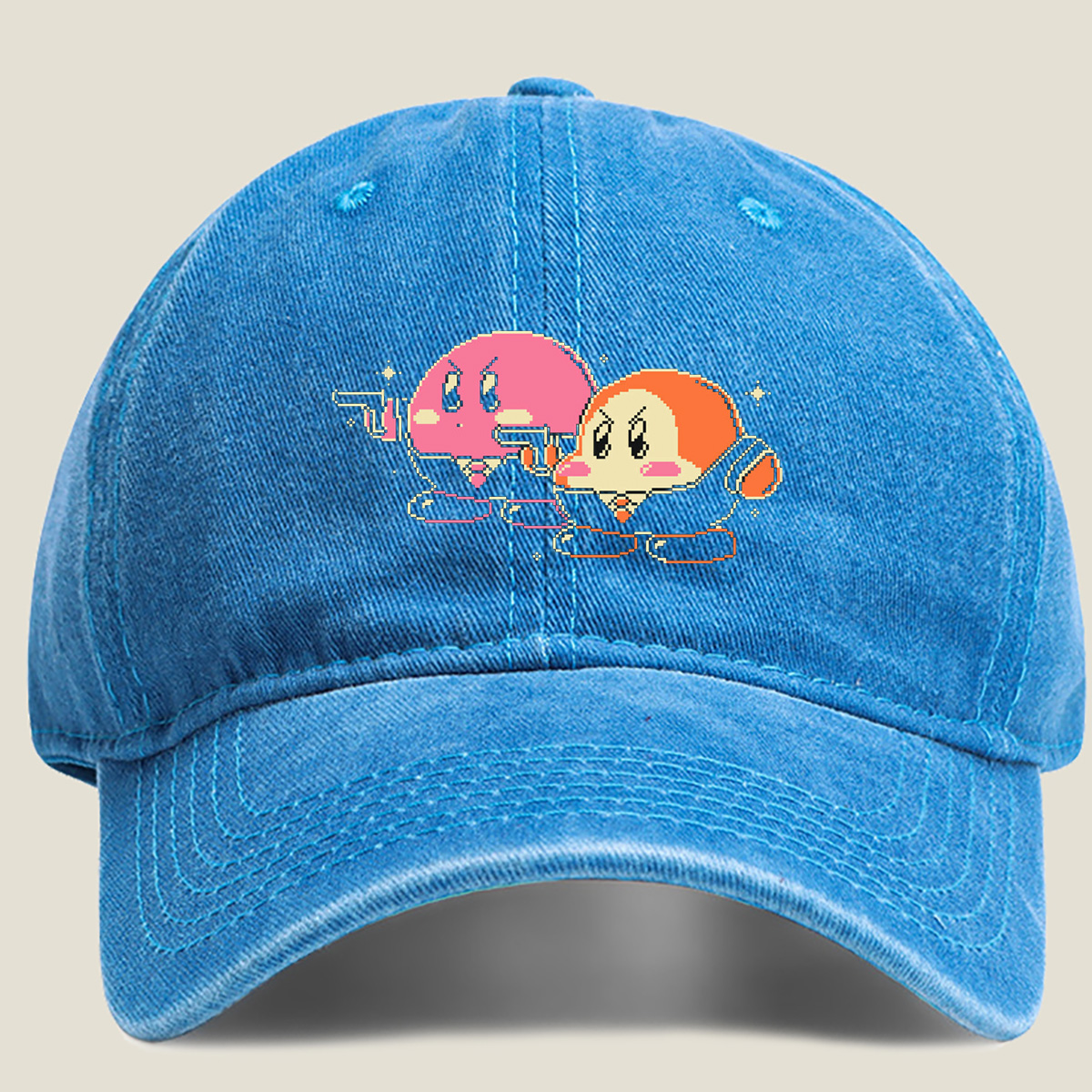 Kirby and Waddle Dee in Pixel Art Style - Washed Denim - Baseball Cap