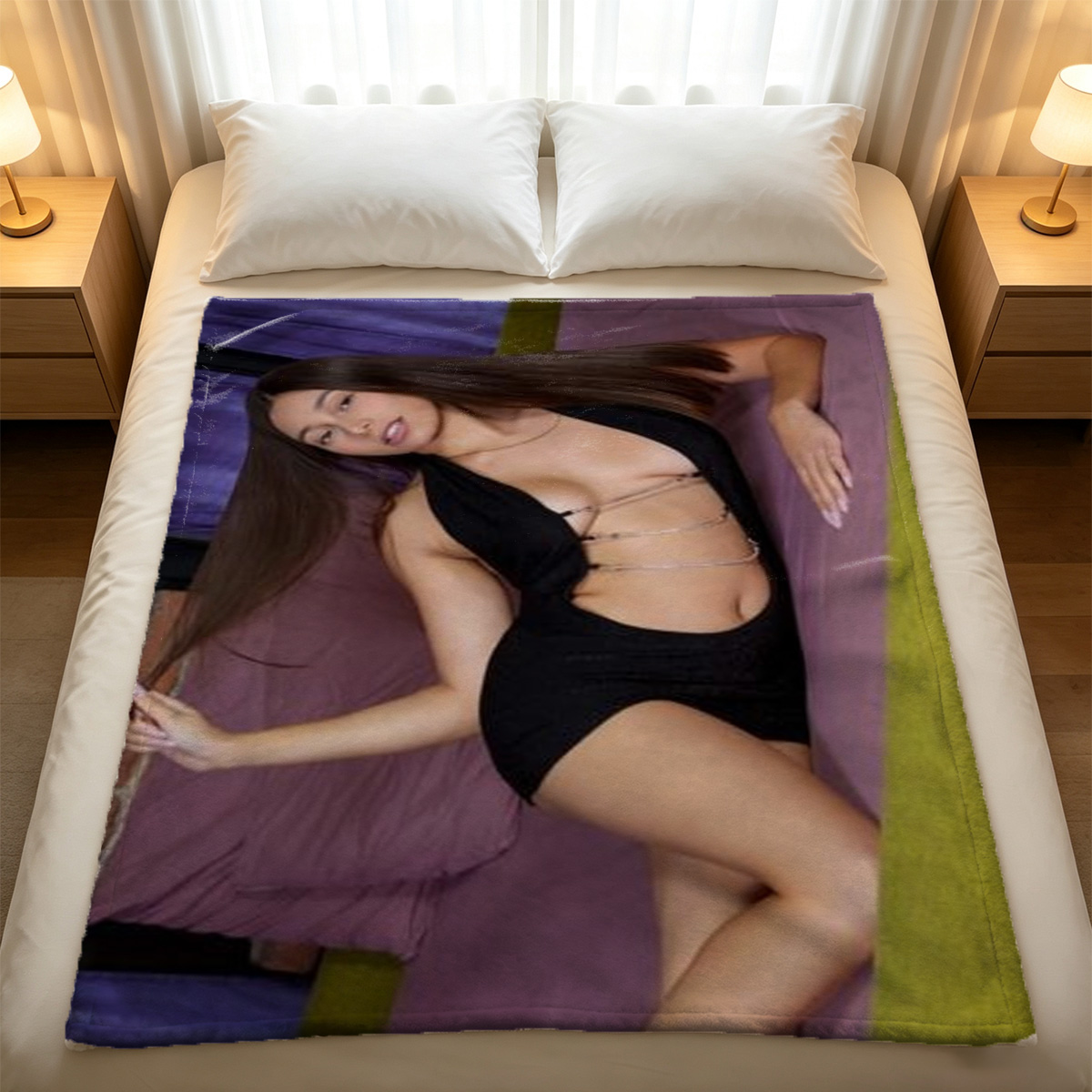 Nude Asian beauty with long black hair posing in bedroom. - Blanket