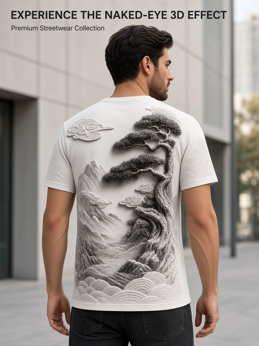 Oriental Mountain Landscape 3D Optical Illusion Graphic Tee Breathable Athletic Mesh T-Shirt Casual Sports Wear
