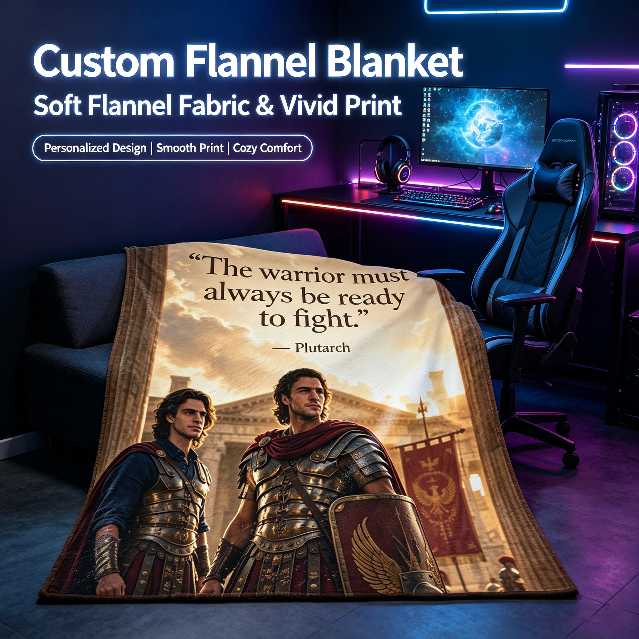 Custom Face Blanket Featuring Roman Warrior Scene with Plutarch Quote Flannel Blanket for Home Decor and Cozy Nights Perfect Gift for History Lovers and Ancient Rome Enthusiasts