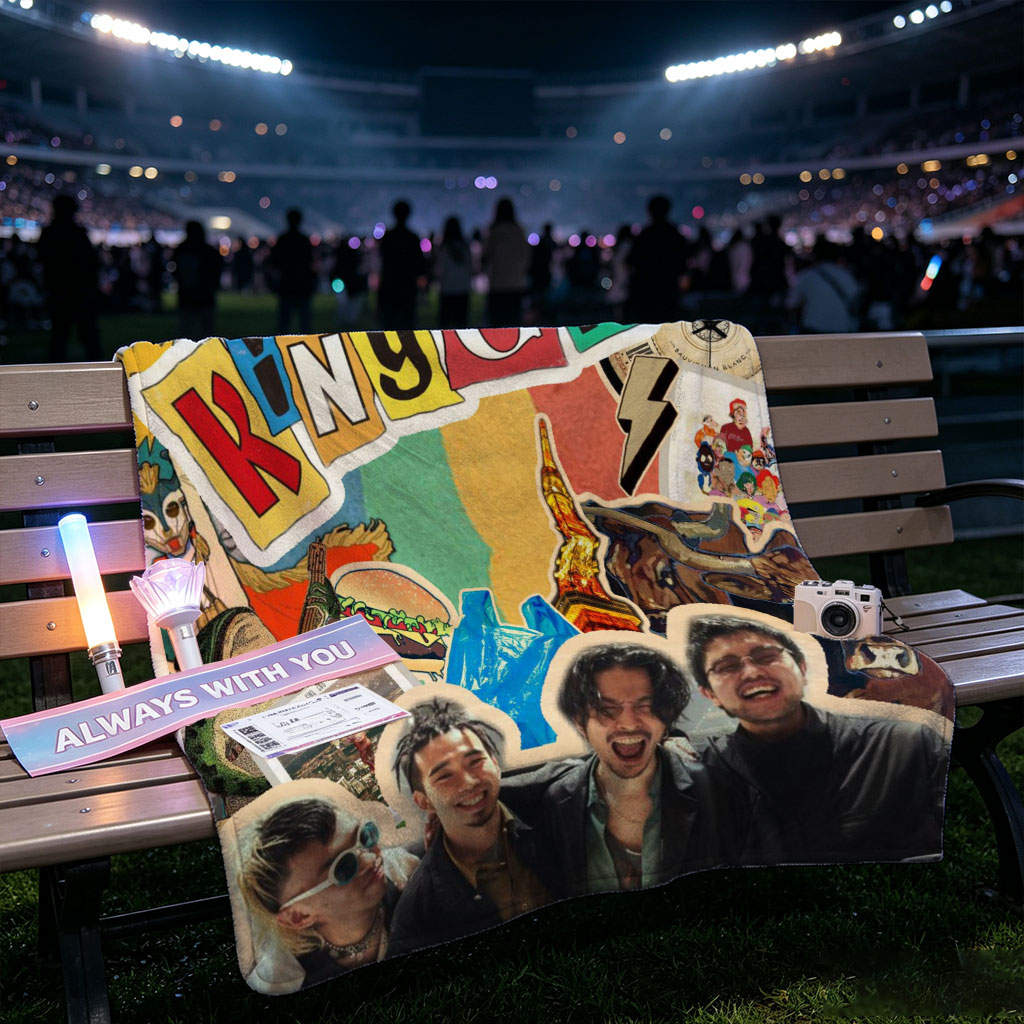 King Gnu Band Members in a Vibrant Collage Featuring Rainbow Path, UFO, and Pop Culture Elements - Blankets