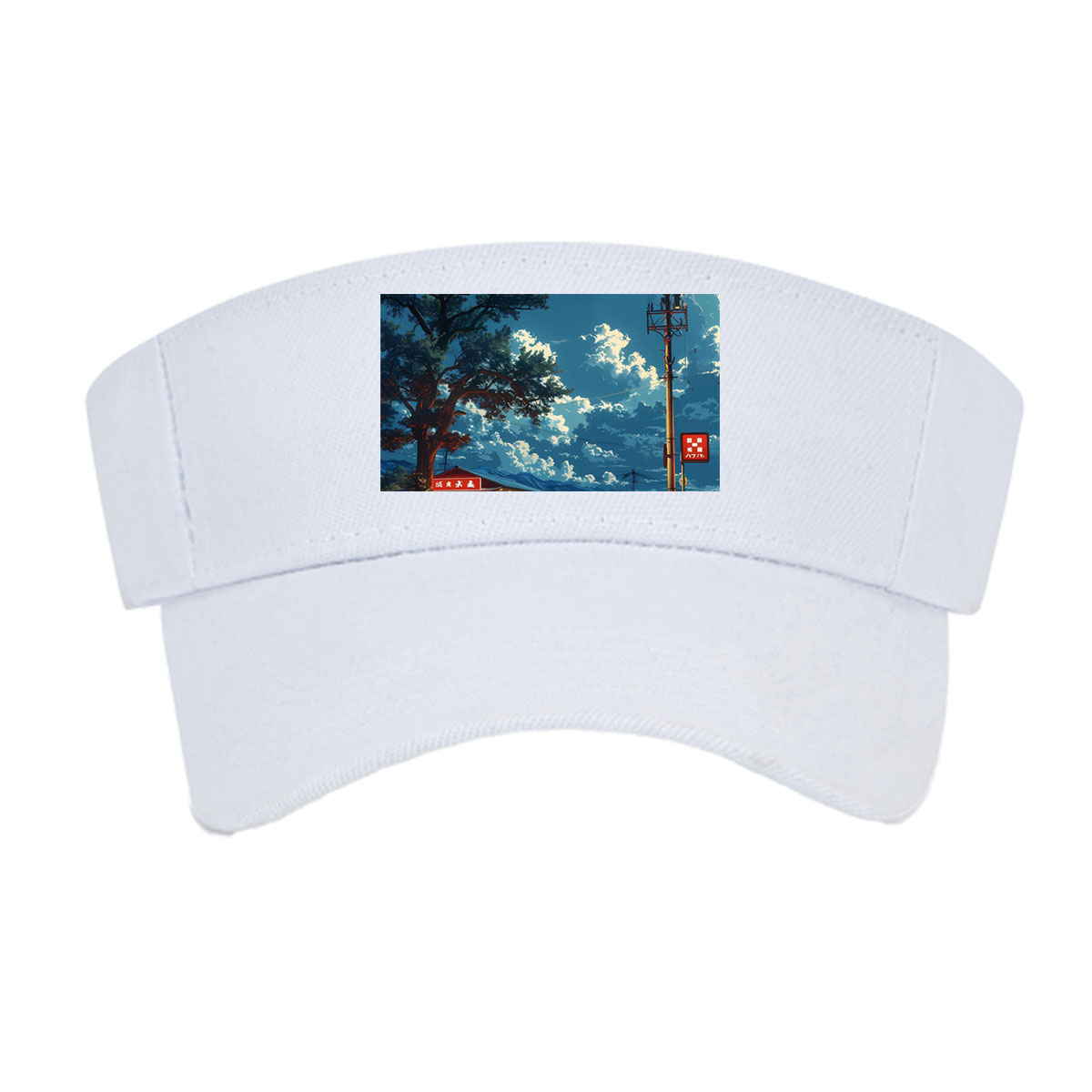 A cozy roadside shop under a vast sky, illuminated by warm lights and framed by a large tree and distant mountains. -  Visor cap