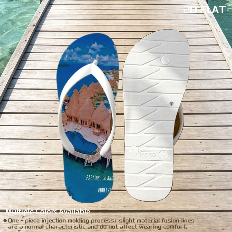 Overwater bungalows with private pools on a tropical island, surrounded by crystal blue waters and lush greenery. -  flip-flops