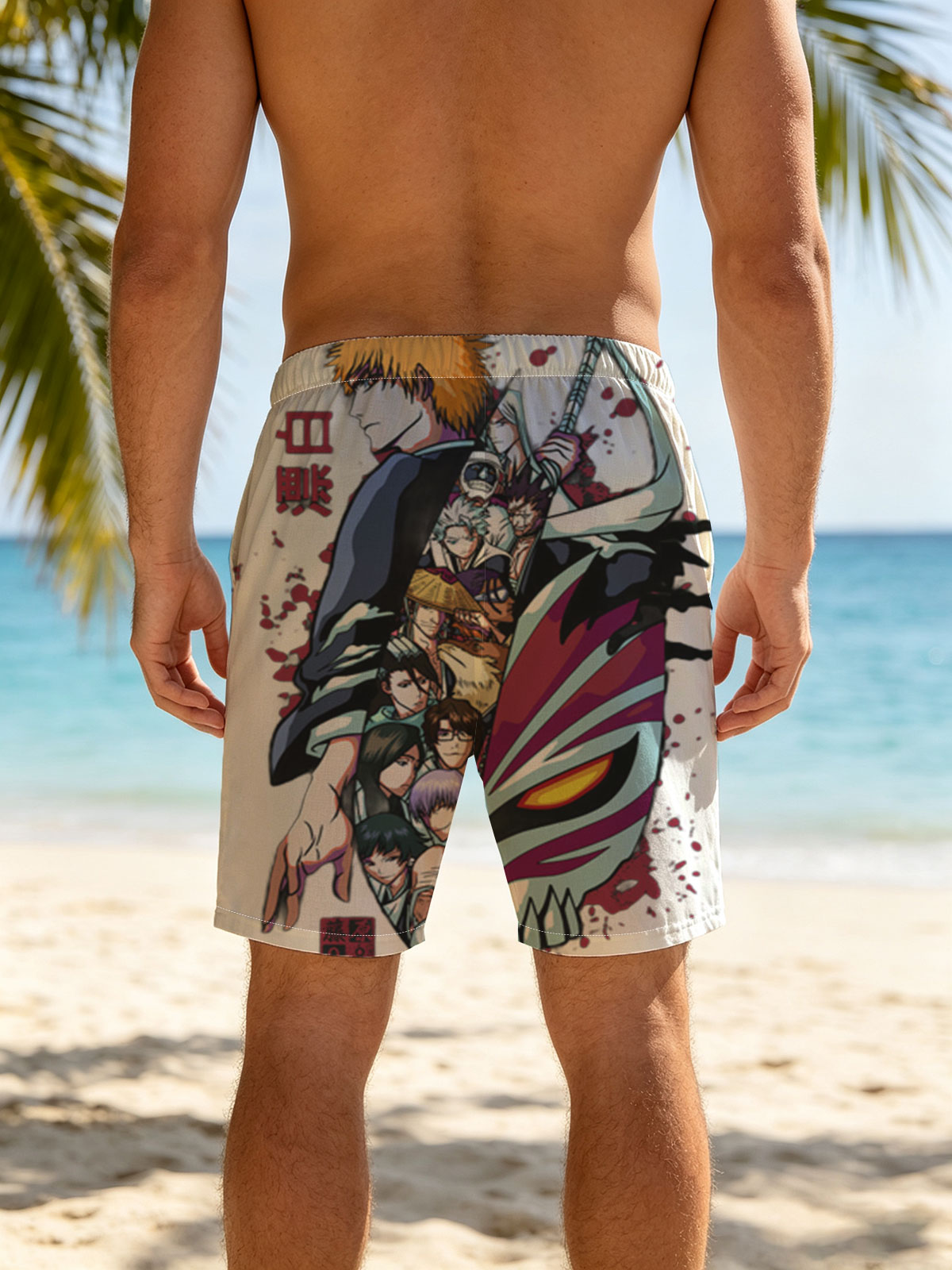 Bleach Characters: Ichigo Kurosaki, Rukia Kuchiki, Renji Abarai, and Others in Action Pose with Zanpakuto and Hollow Mask -  Beach shorts