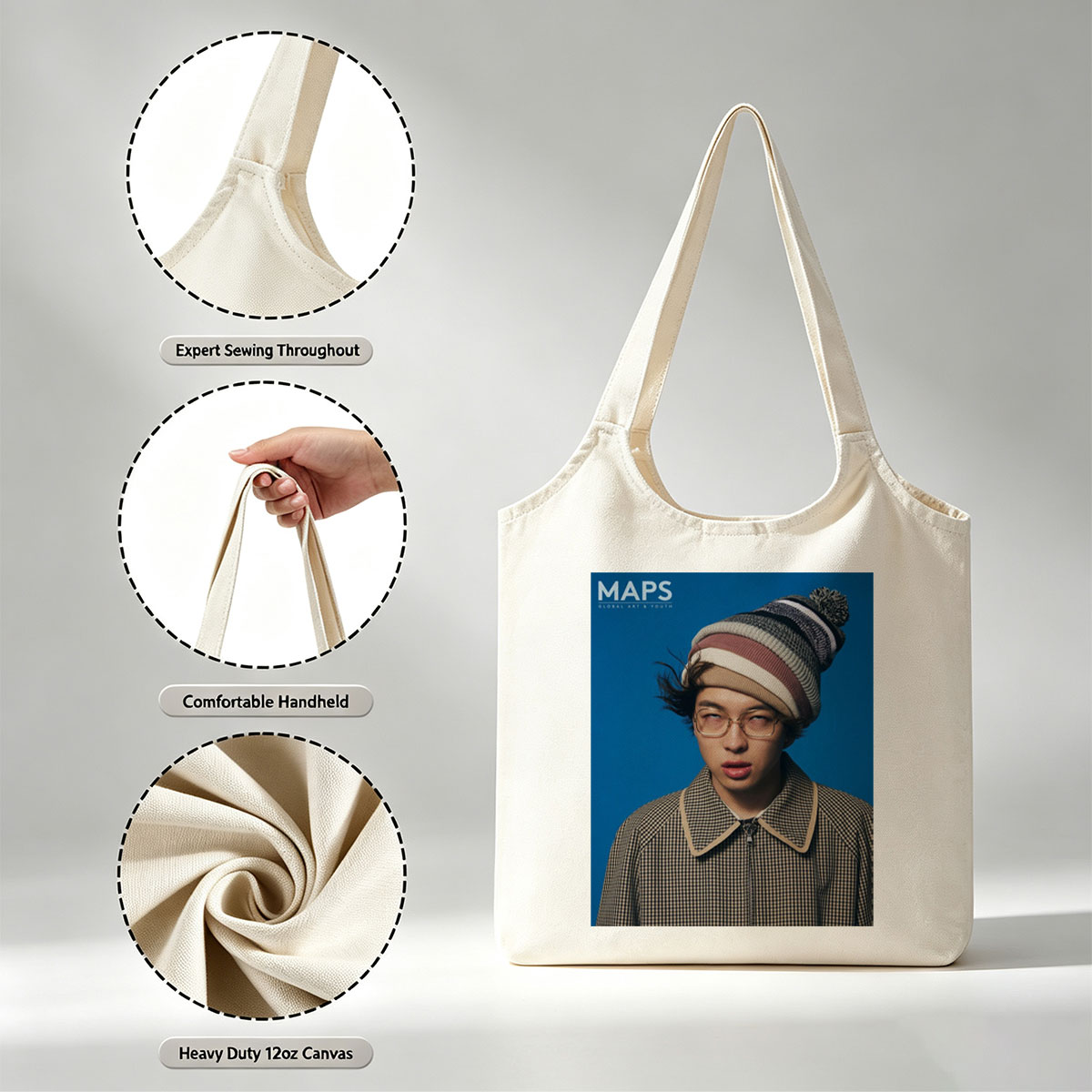 BTS Jungkook in a Stylish Winter Look with Beanie and Checkered Jacket on Blue Background - Canvas shoulder bags/