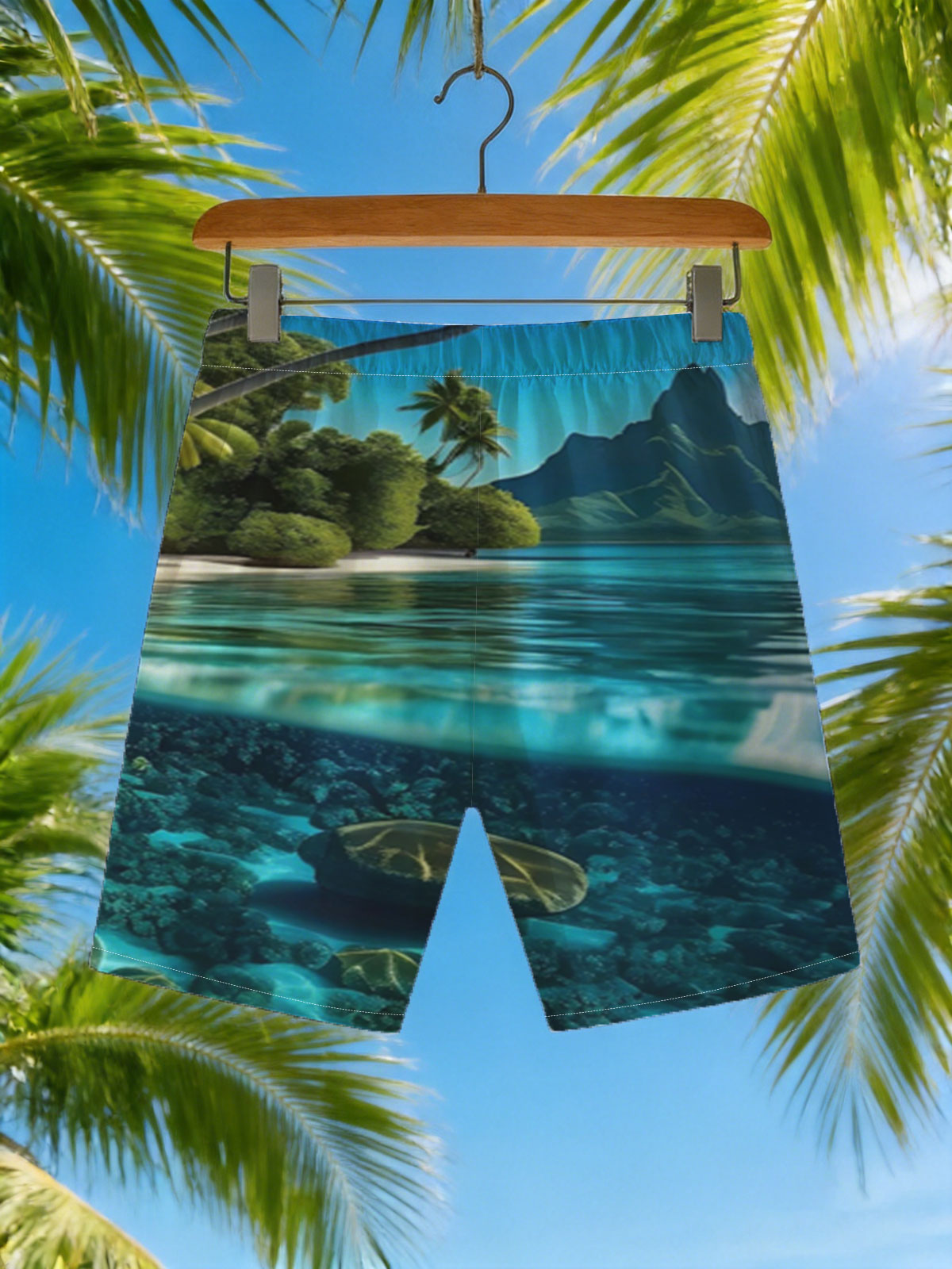 Tropical Paradise with Clear Waters and Coral Reef -  Beach shorts
