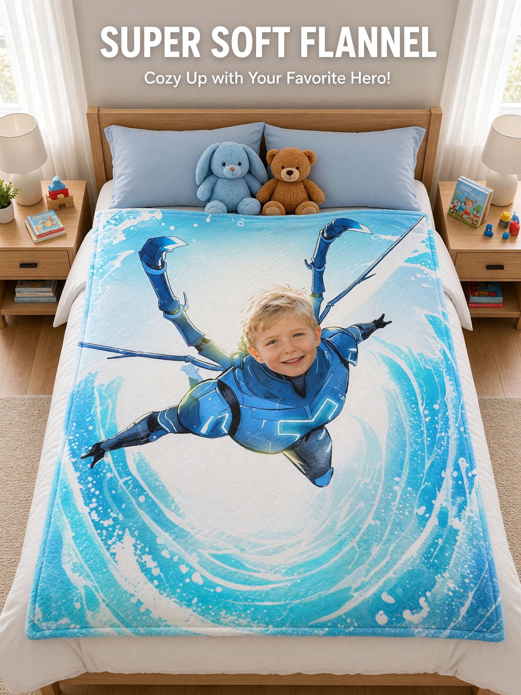 Custom Superhero Photo Flannel Throw Blanket Personalized Face Portrait Cozy Fleece Bedding for Kids and Adults Gift