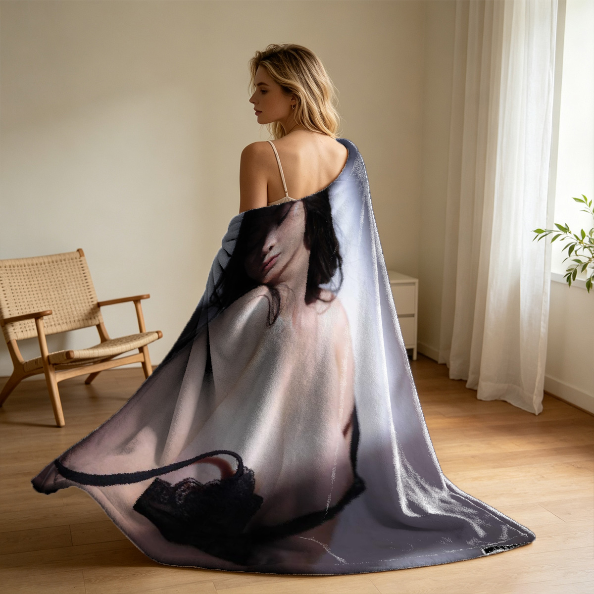 Sheer Black Lace Robe on Couch - Blanket