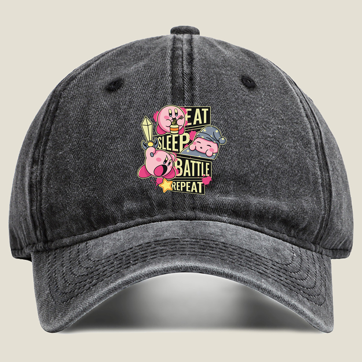 Kirby: Eat, Sleep, Battle, Repeat - Washed Denim - Baseball Cap