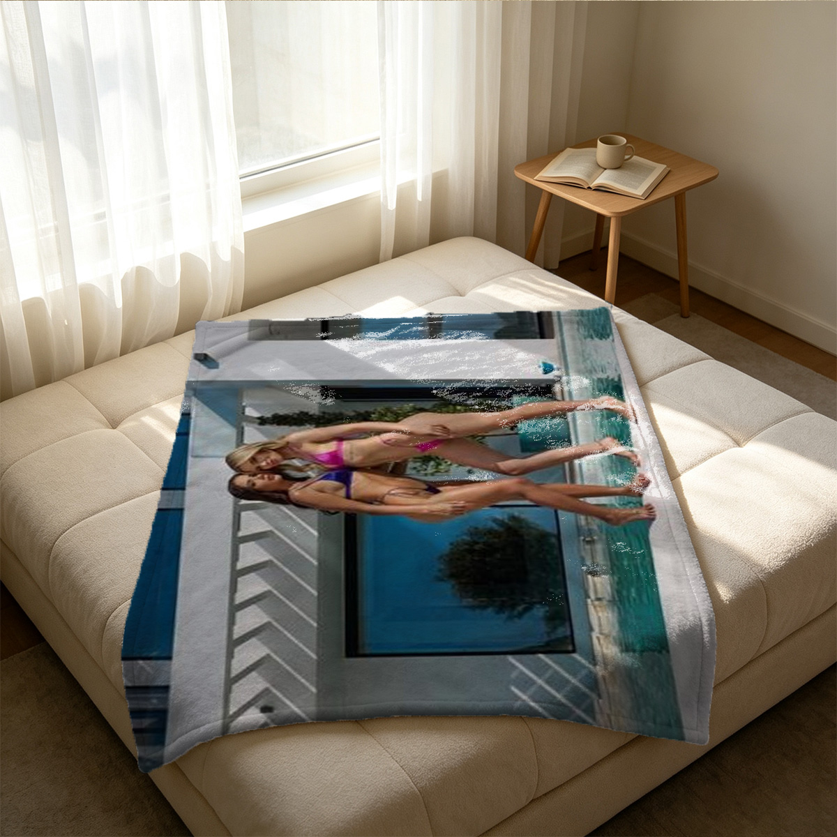 Nude woman posing on blue vintage chair - Blanket