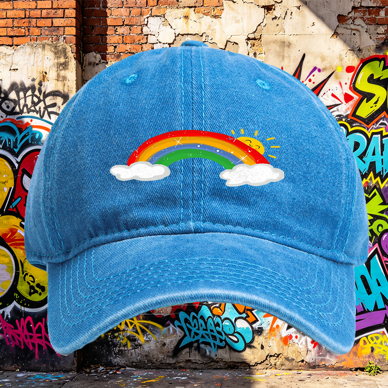 Unisex Classic Washed Cap with Rainbow and Sun Print | Casual Outdoor Hat for Adults and Teens | Perfect for Daily Wear, Travel, and Beach Activities