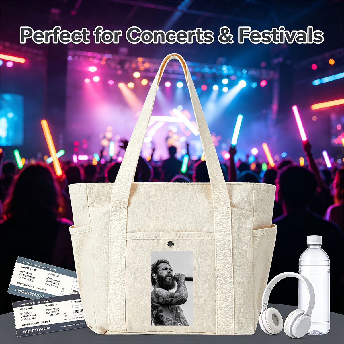 Post Malone Performing on Stage with Tattooed Arms and Beard in Black and White Photo - Multi-pocket bags