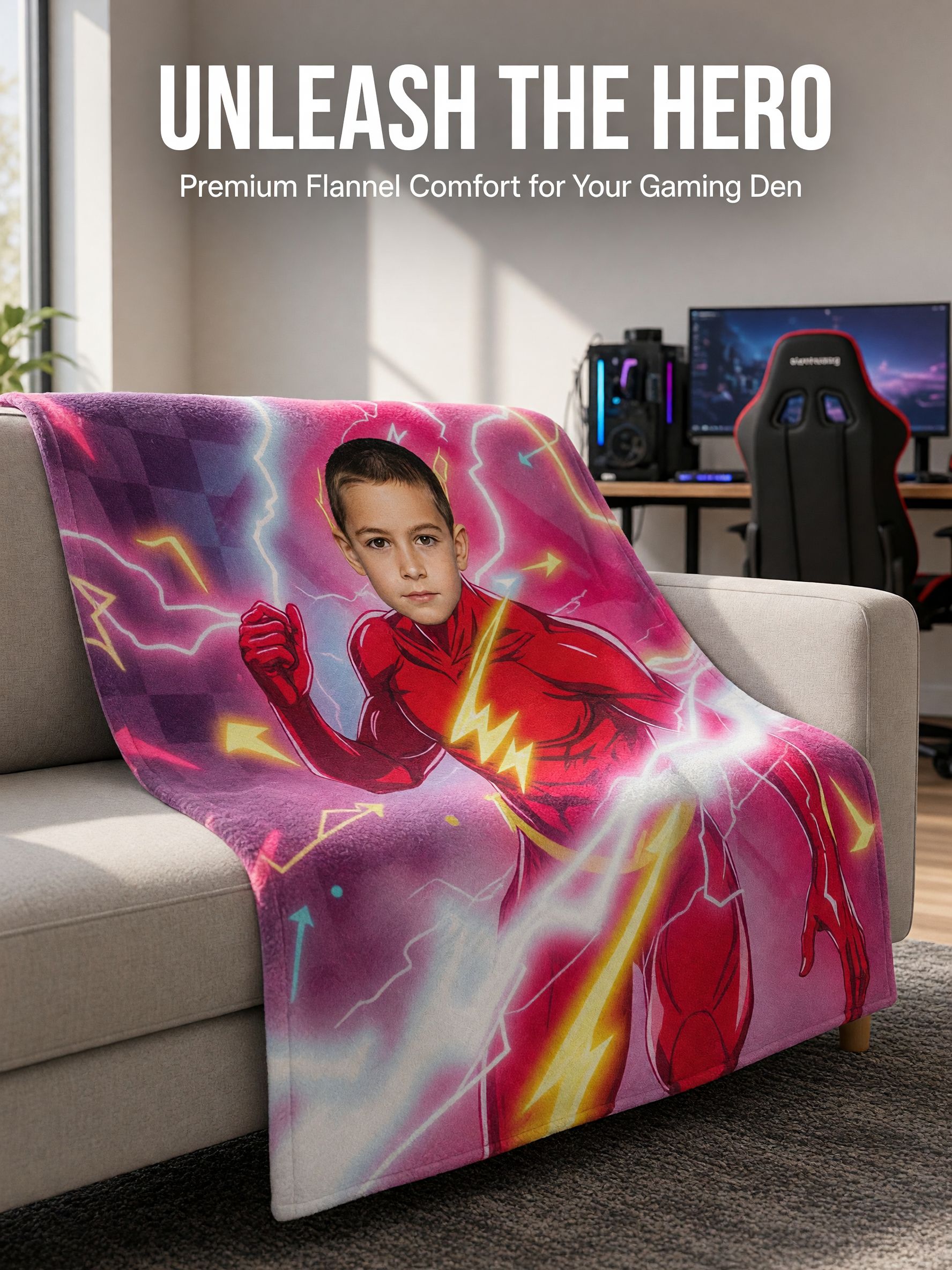 Custom Photo Face Superhero Flannel Blanket, Ultra Soft Anti-Pilling Cozy Fleece Throw for Kids and Adults, Ideal
