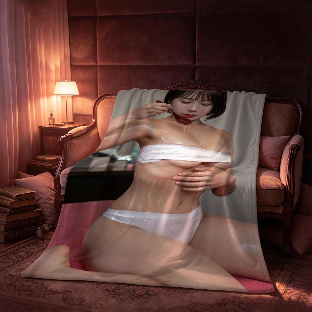Aya Shinozaki in black lingerie by the mirror - Blanket