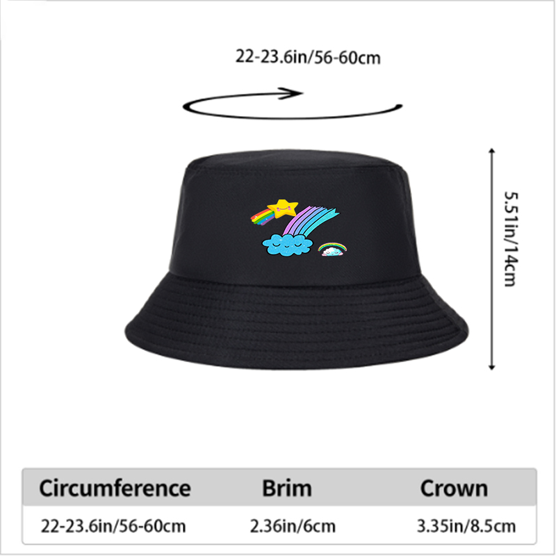 Unisex Classic Bucket Hat with Rainbow Star and Cloud Print | Cute Cartoon Design for Outdoor Activities, Beach, Travel, and Casual Wear | Perfect for Youth, Teens, and Trendy Adults