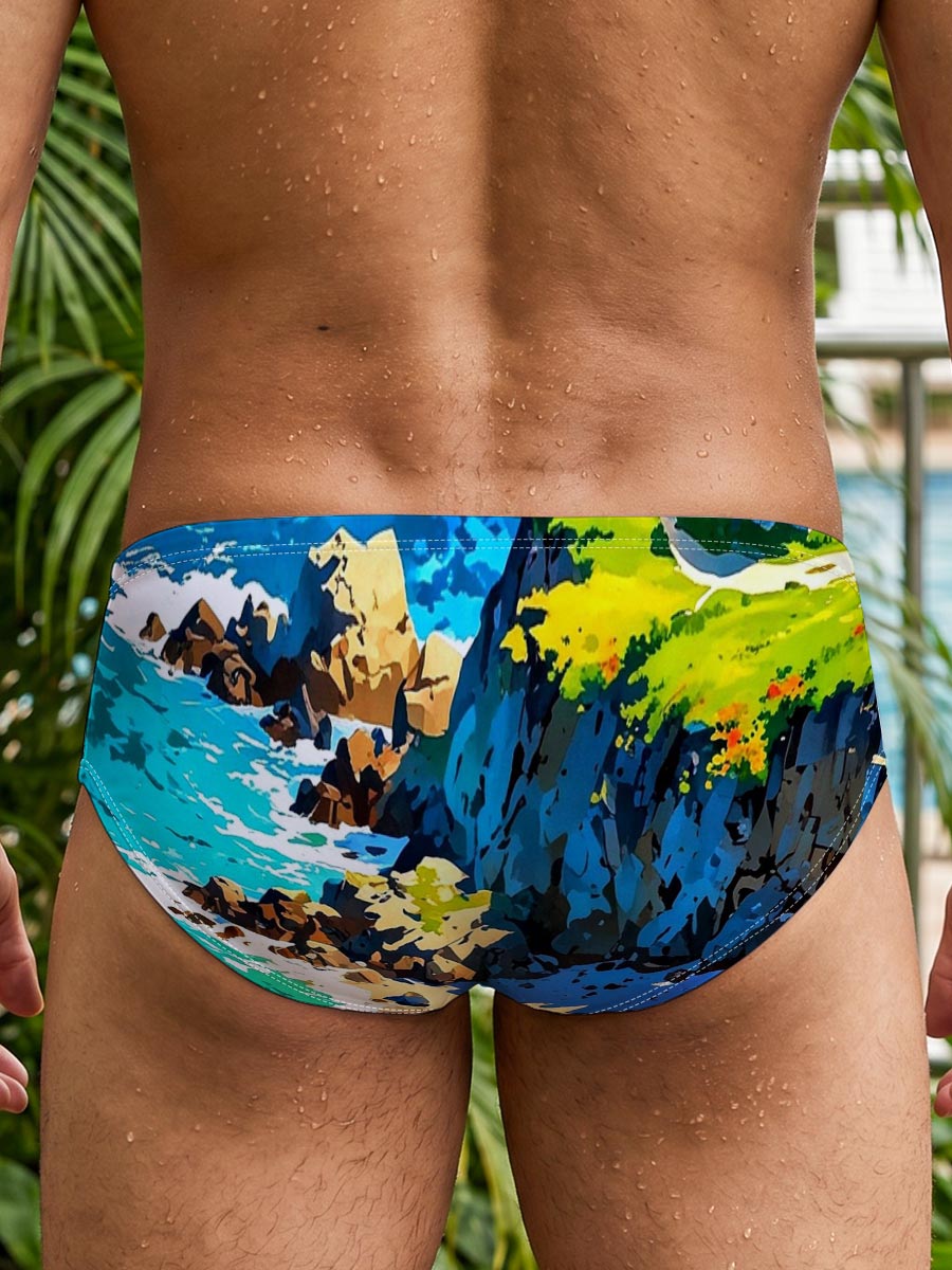 Coastal Lighthouse and Turquoise Bay with Boats -  Men's swim trunks