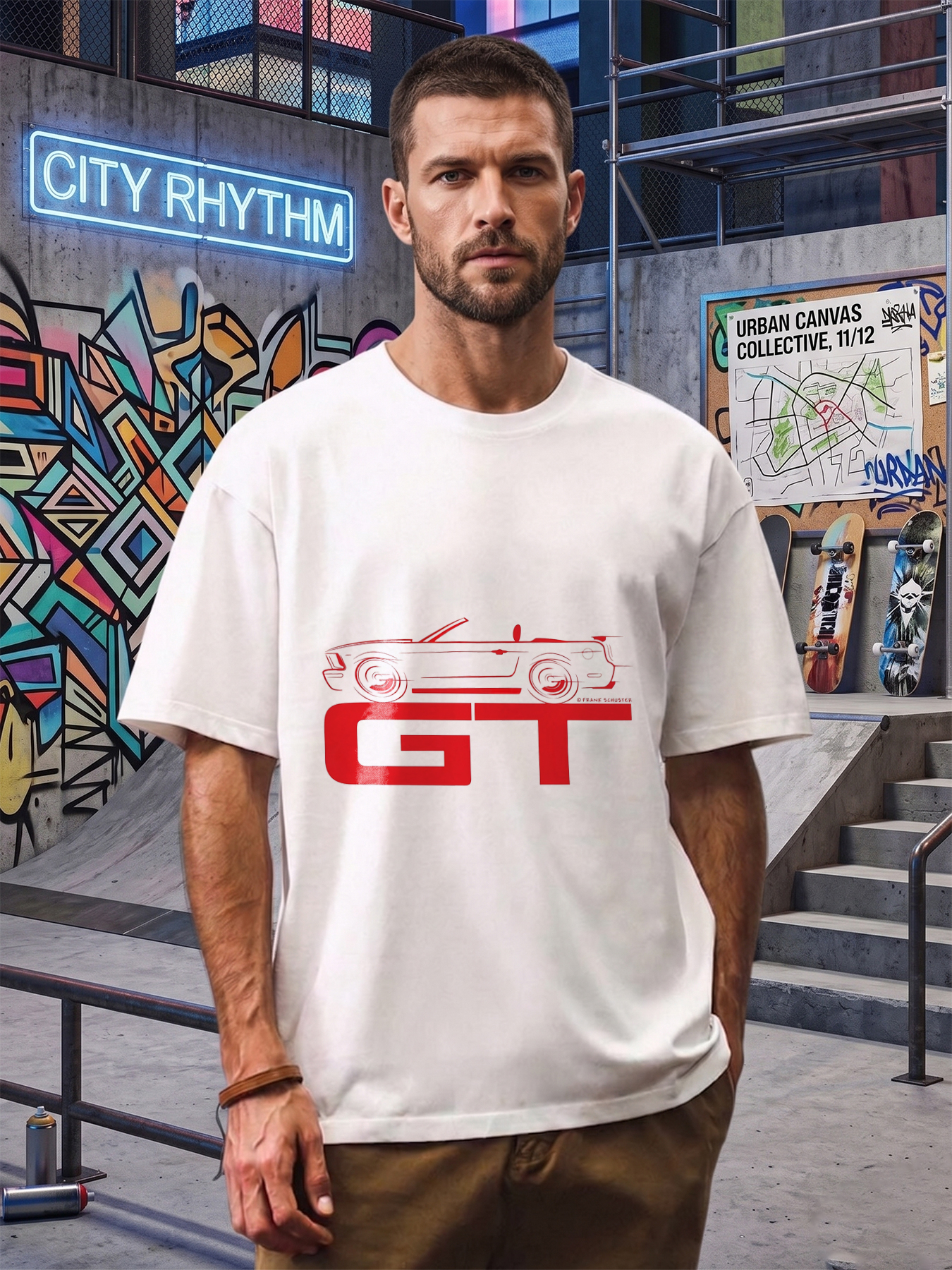 Men's GT Car Print T-Shirt Red Muscle Vehicle Graphic Casual Round Neck Summer Lightweight Breathable Short Sleeve Tee for Car Enthusiasts and Automotive Fans