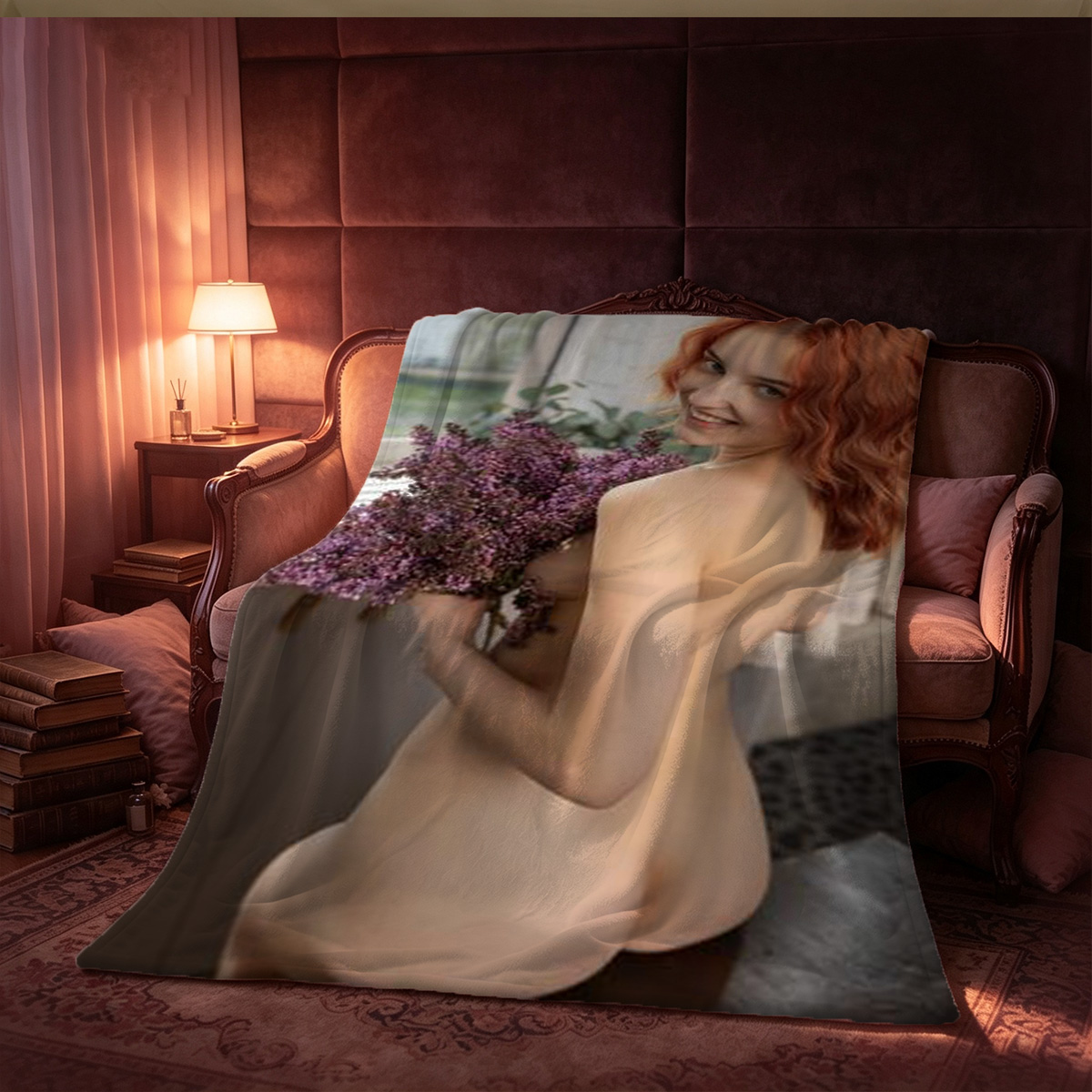 Blonde Woman in White Lingerie Lounging on Brown Leather Couch - Blanket