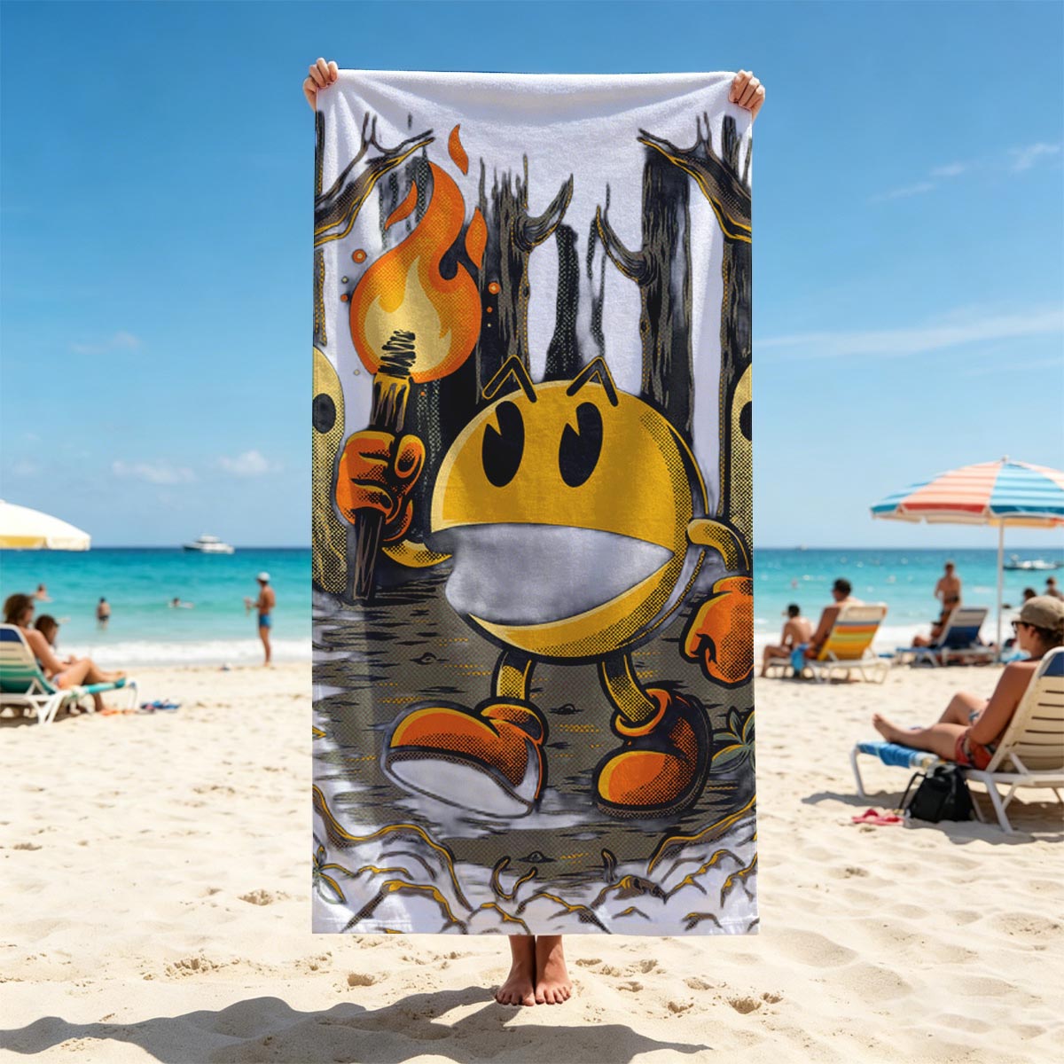 Pac-Man in the Haunted Forest with Ghosts and Torch - Beach towels