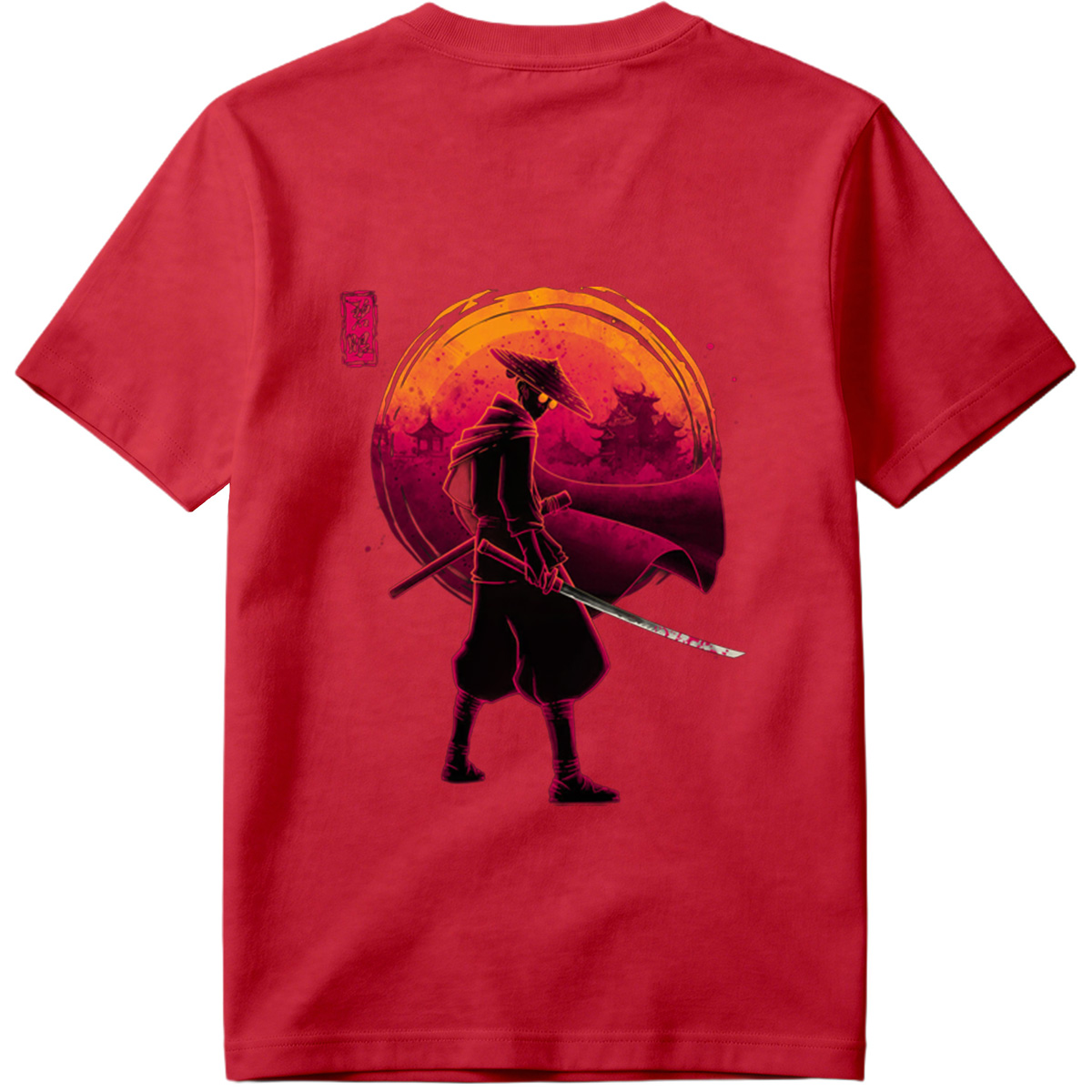 Samurai Warrior with Bloodied Sword Against Crimson Moon - Tee