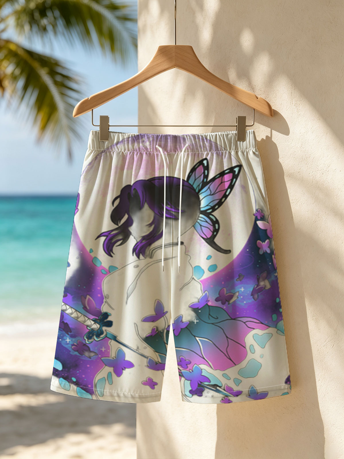 Shinobu Kocho from Demon Slayer, butterfly wings, moonlit silhouette, sword, purple butterflies -  Beach shorts