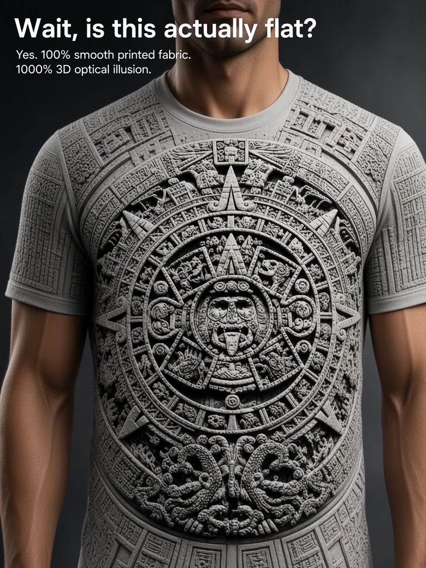 Aztec Sun Stone Carving 3D Optical Illusion Graphic Tee Breathable Athletic Mesh T Shirt for Casual and Sports Wear