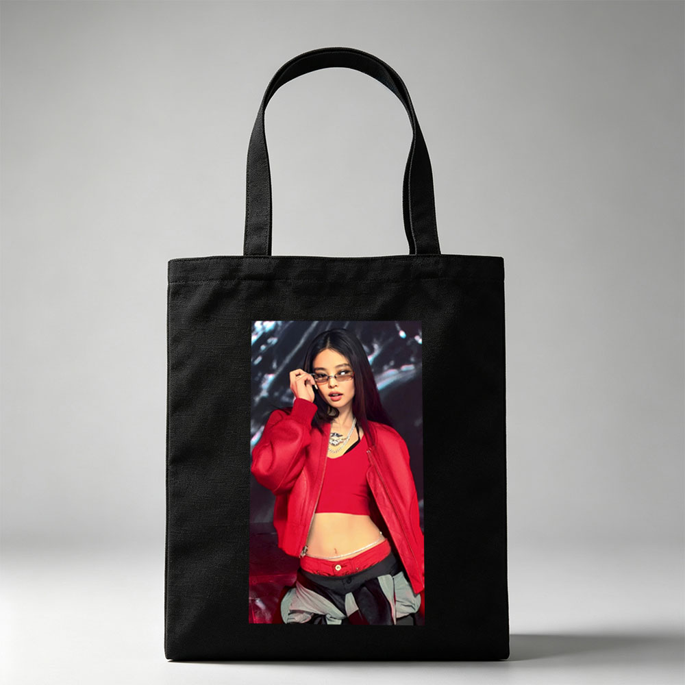Jennie Kim in a Bold Red Outfit at a Fashion Event Wearing Glasses and Statement Jewelry - Canvas tote bags
