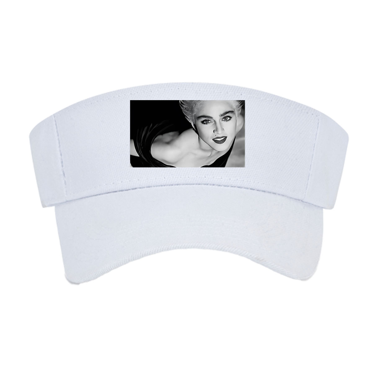Madonna in a striking black and white portrait, showcasing bold makeup and voluminous blonde hair. -  Visor cap