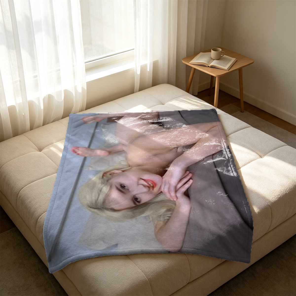 Pink-haired nude woman holding watermelon slice in kitchen - Blanket