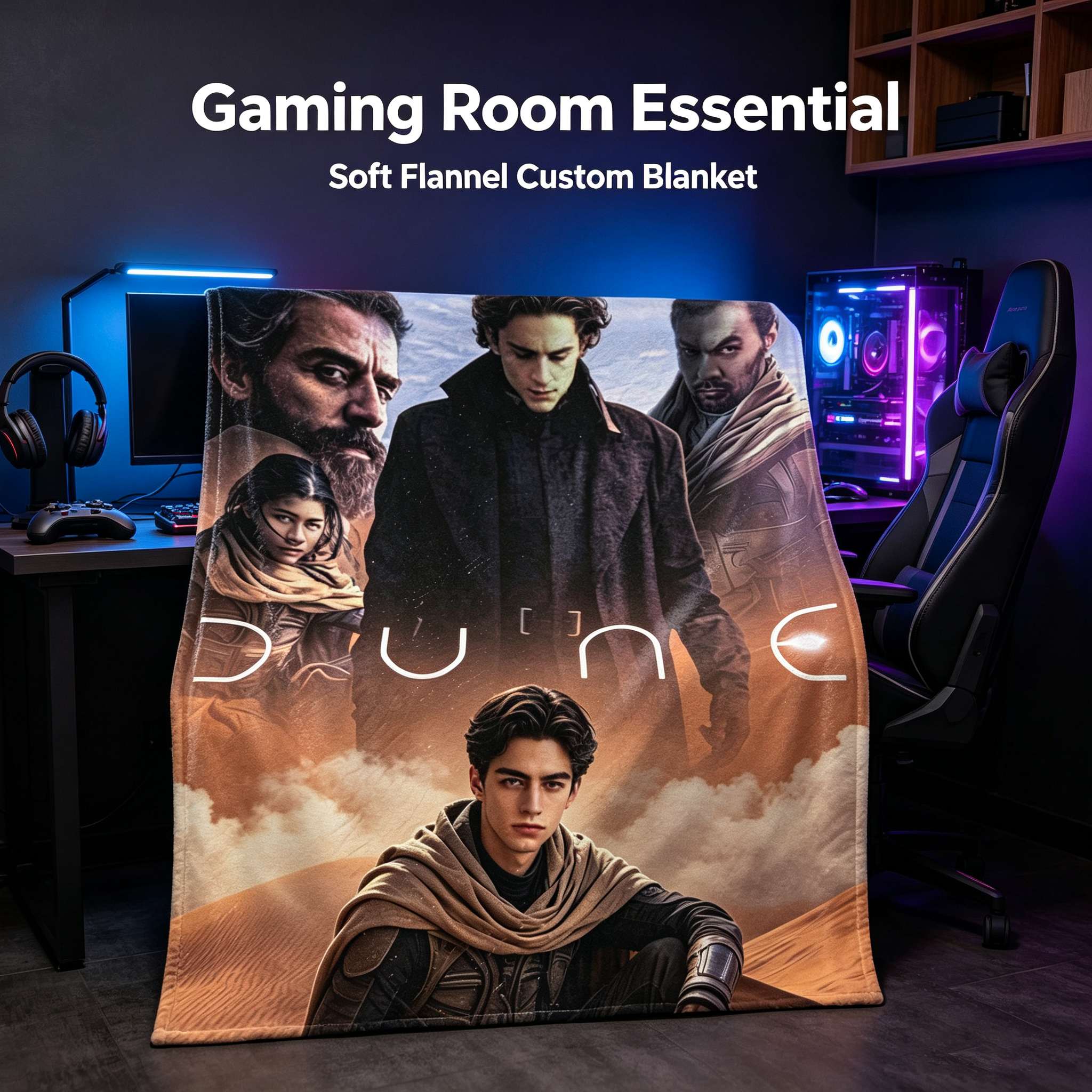 Custom Face Blanket Dune Movie Character Flannel Blanket for Desert Themed Bedroom Decor or Fan Gift Idea