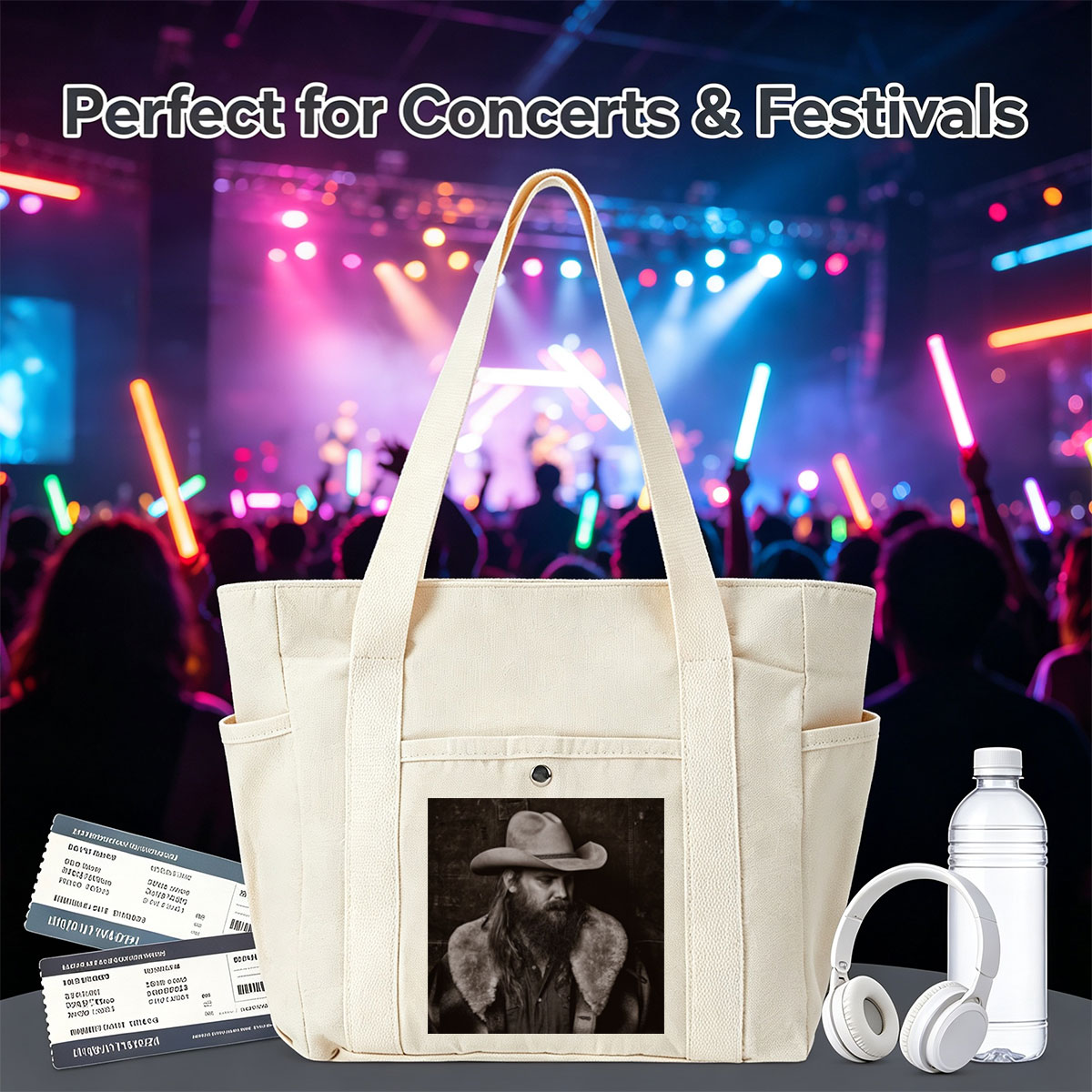 Chris Stapleton in a Cowboy Hat and Fur-Collared Jacket, Gazing Thoughtfully in a Monochrome Portrait - Multi-pocket bags