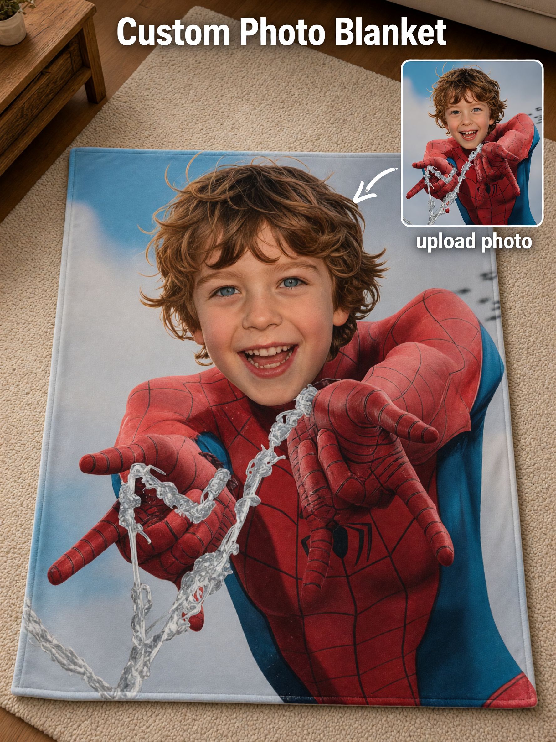 Custom Photo Face Flannel Blanket Personalized Superhero Picture Throw Ultra Soft Anti-Pilling Fleece Cover for Bed