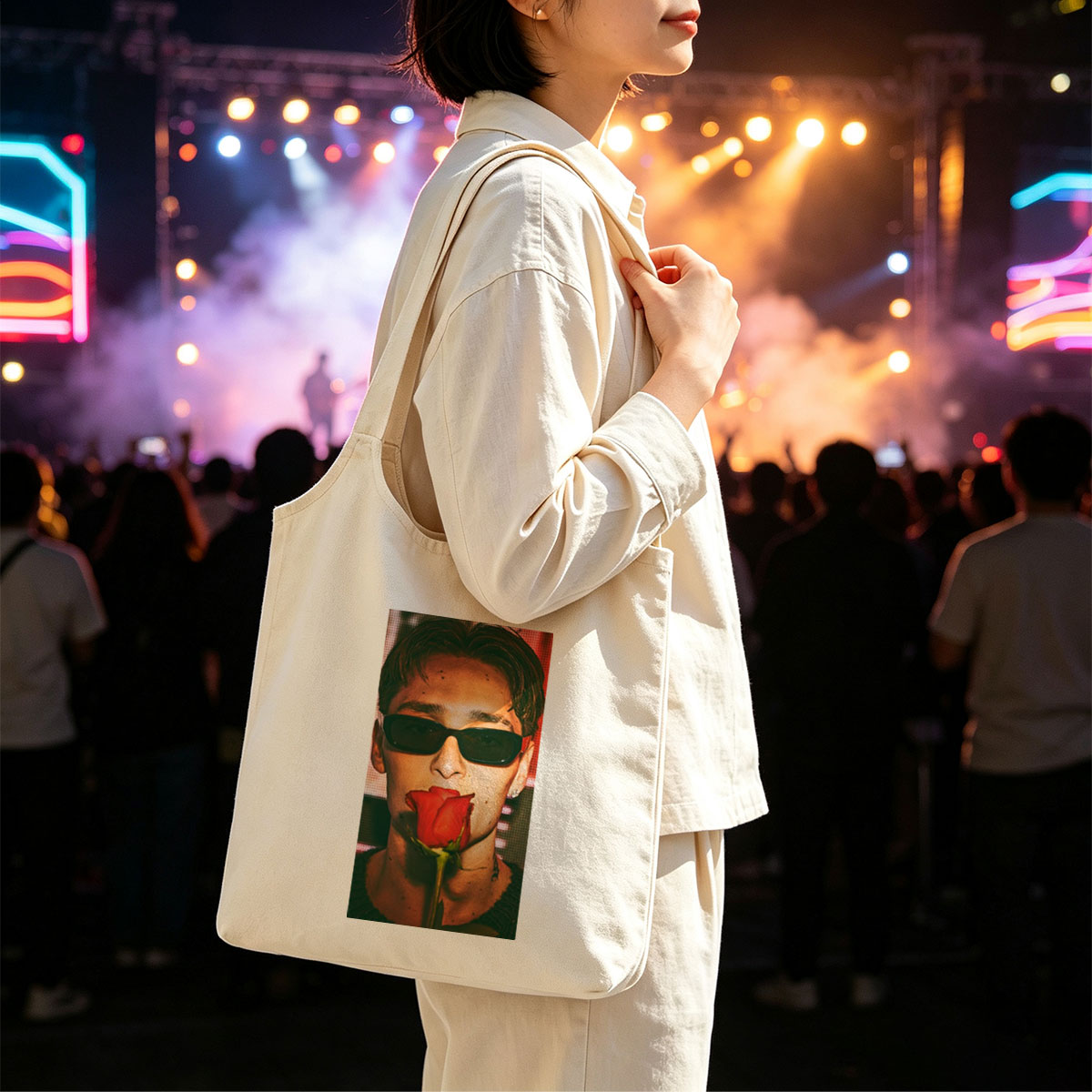 Anwar Hadid Holding a Red Rose with Sunglasses on a Digital Background - Canvas shoulder bags/