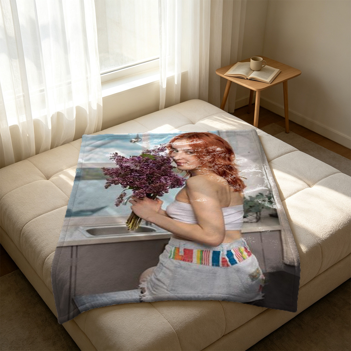 Blonde woman in beige lingerie stretching on kitchen chair, back view. - Blanket