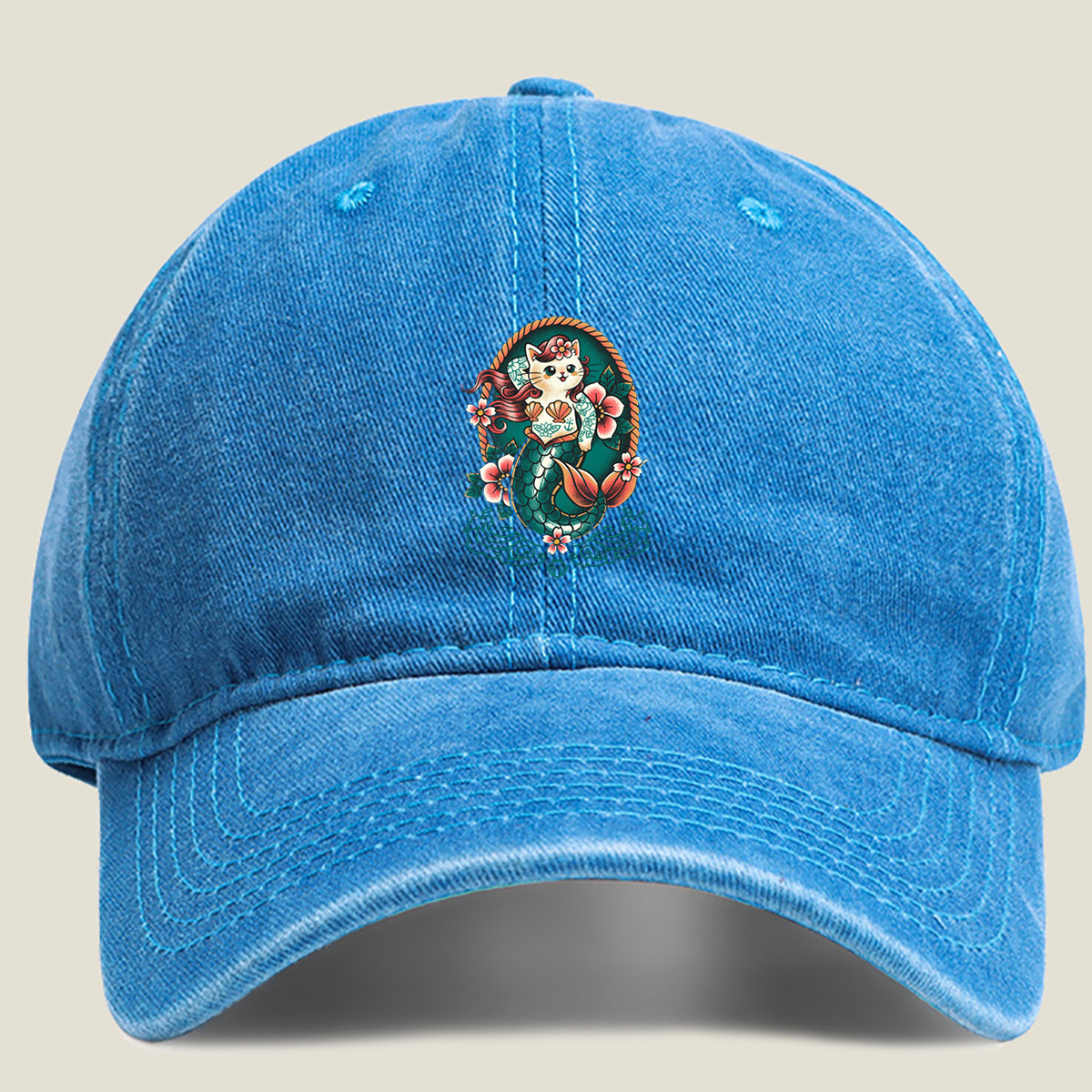 Mermaid Cat with Floral Design - Washed Denim - Baseball Cap