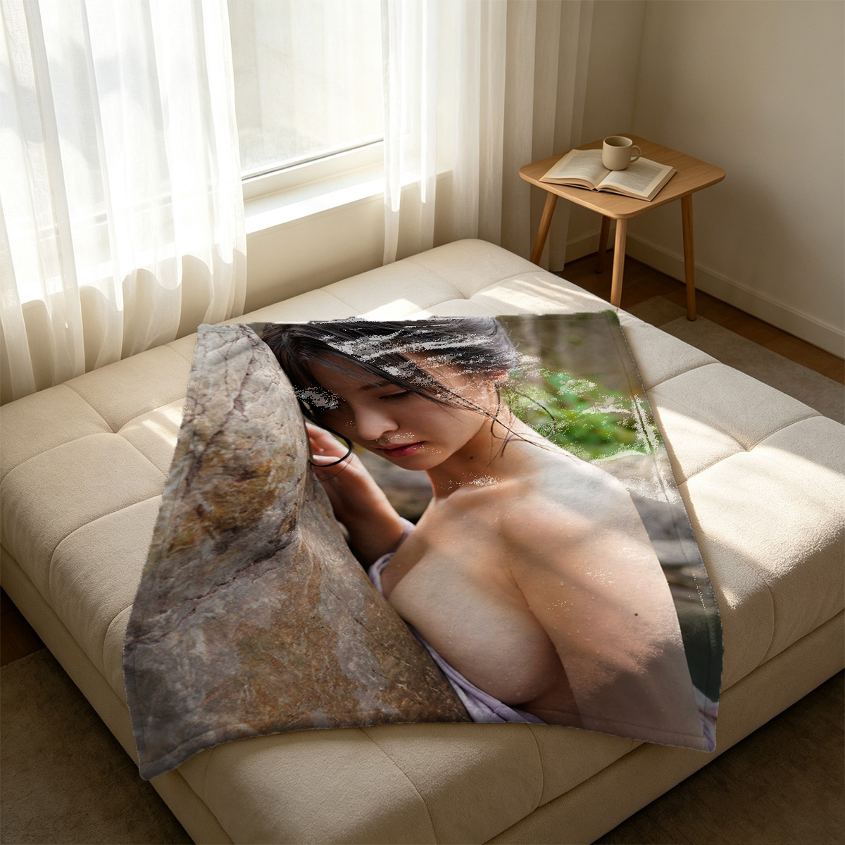 Redhead nude on wooden chair. - Blanket