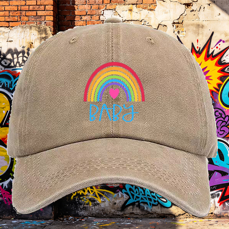 Men's Rainbow Heart Print Washed Cap Baby Text Design Casual Round Brim Summer Lightweight Hat for Outdoor Activities and Daily Wear, Perfect for Young Adults and Trendy Urban Style Lovers
