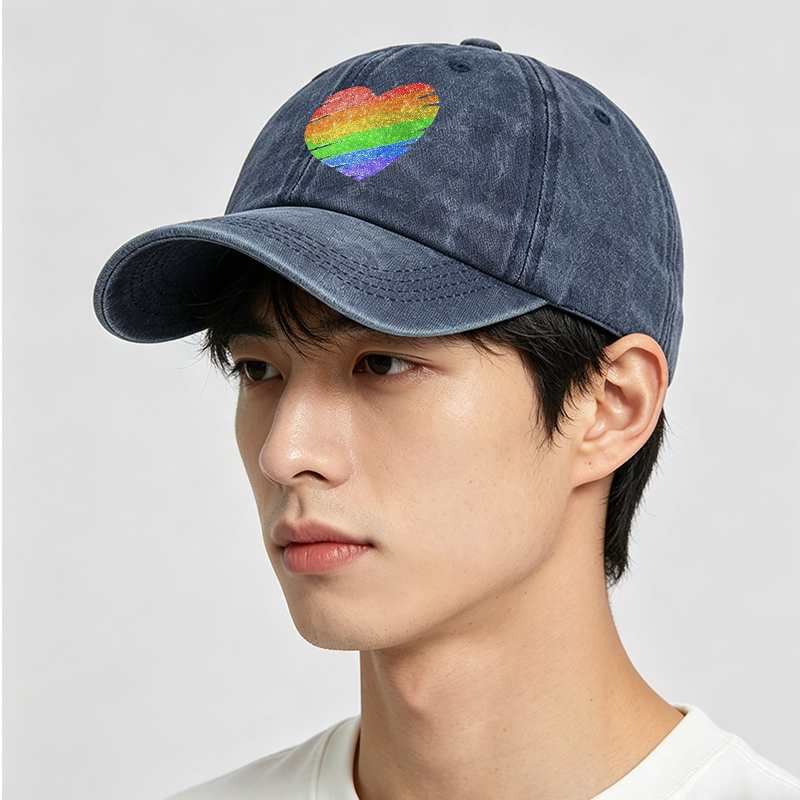 Men's Rainbow Heart Print Washed Cap Casual Round Brim Summer Lightweight Hat for Outdoor Activities and Pride Events Adults Unisex Fashion Accessory