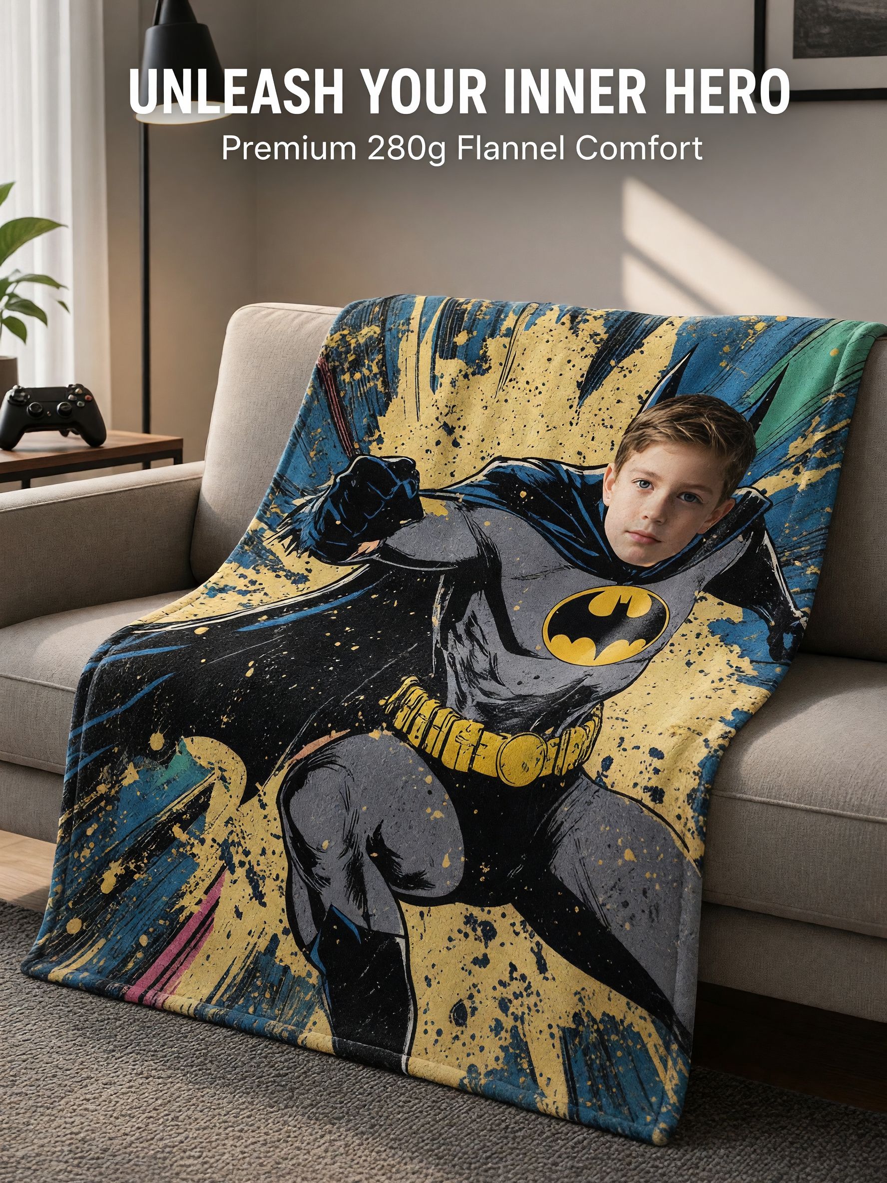 Custom Face Superhero Flannel Blanket, Personalized Comic Hero Photo Plush Throw for Cozy Lounging and Unique Gifts